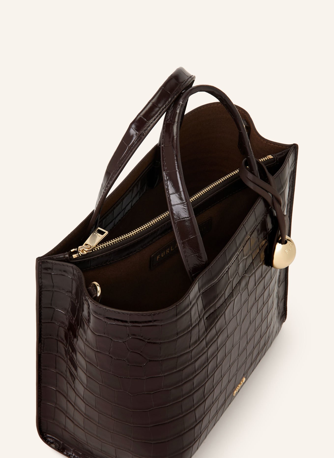 FURLA Shoppers DIVIDE IT SMALL Tote Bag: DARK BROWN / GOLD