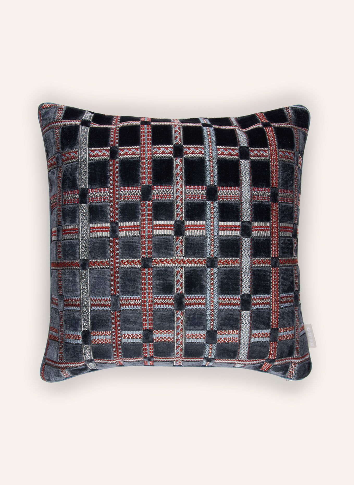 ROHLEDER Coussin décoratif JOSEF: BLEU FONCÉ / ARGENT / ROUGE