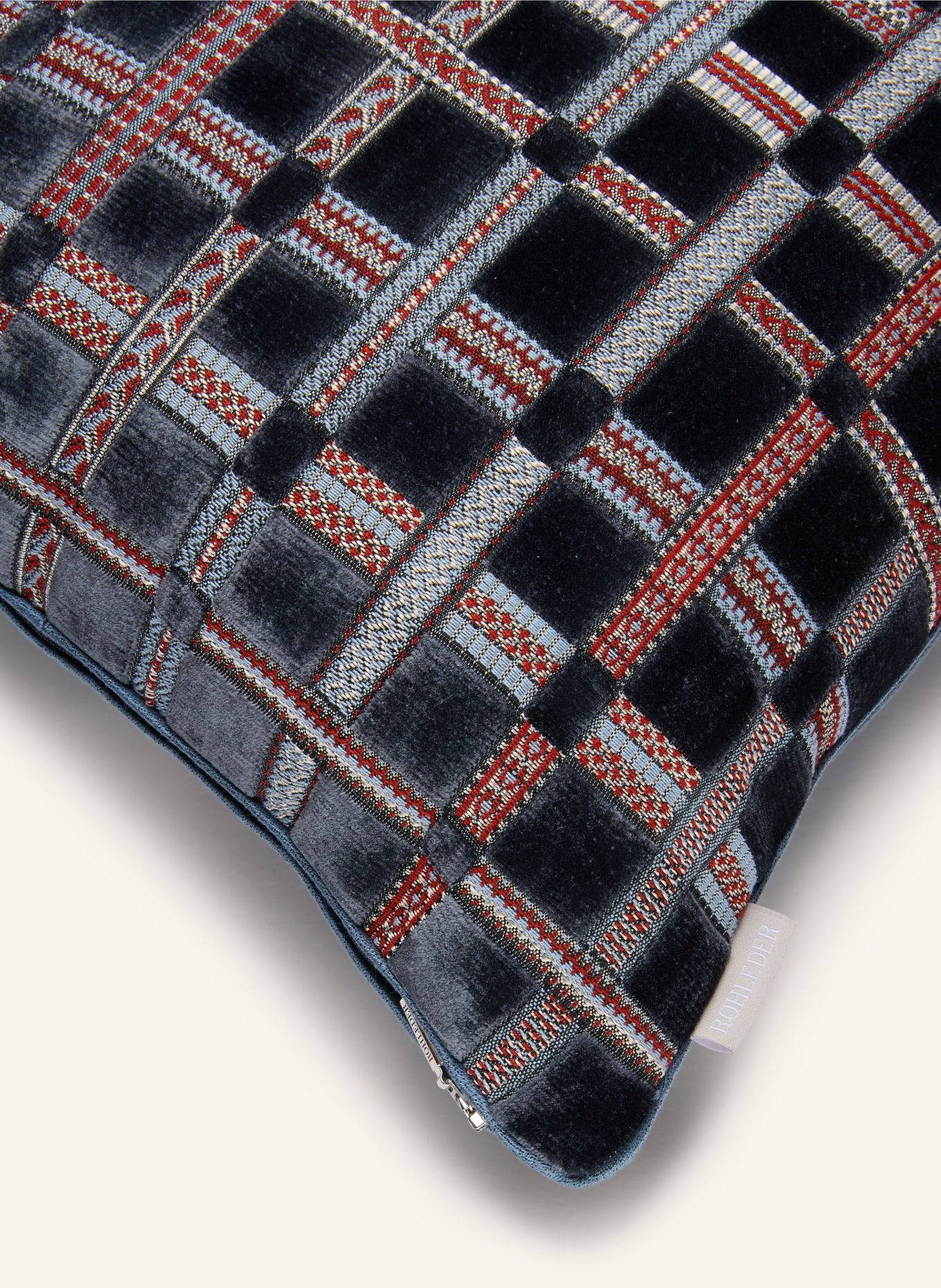ROHLEDER Coussin décoratif JOSEF: BLEU FONCÉ / ARGENT / ROUGE