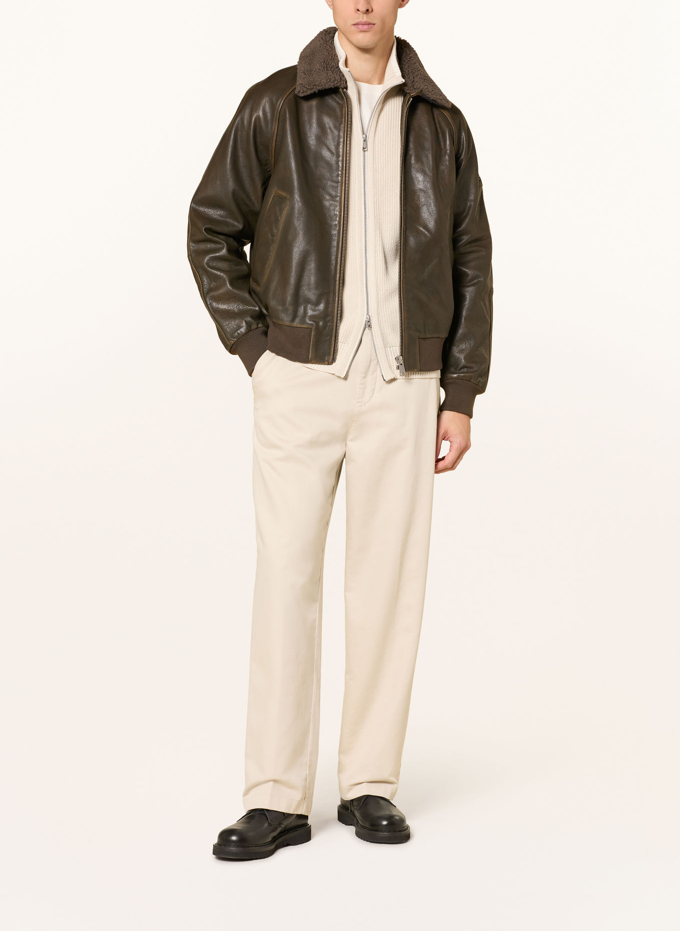 Marc O'Polo Blouson en cuir avec col en fausse fourrure amovible: OLIVE