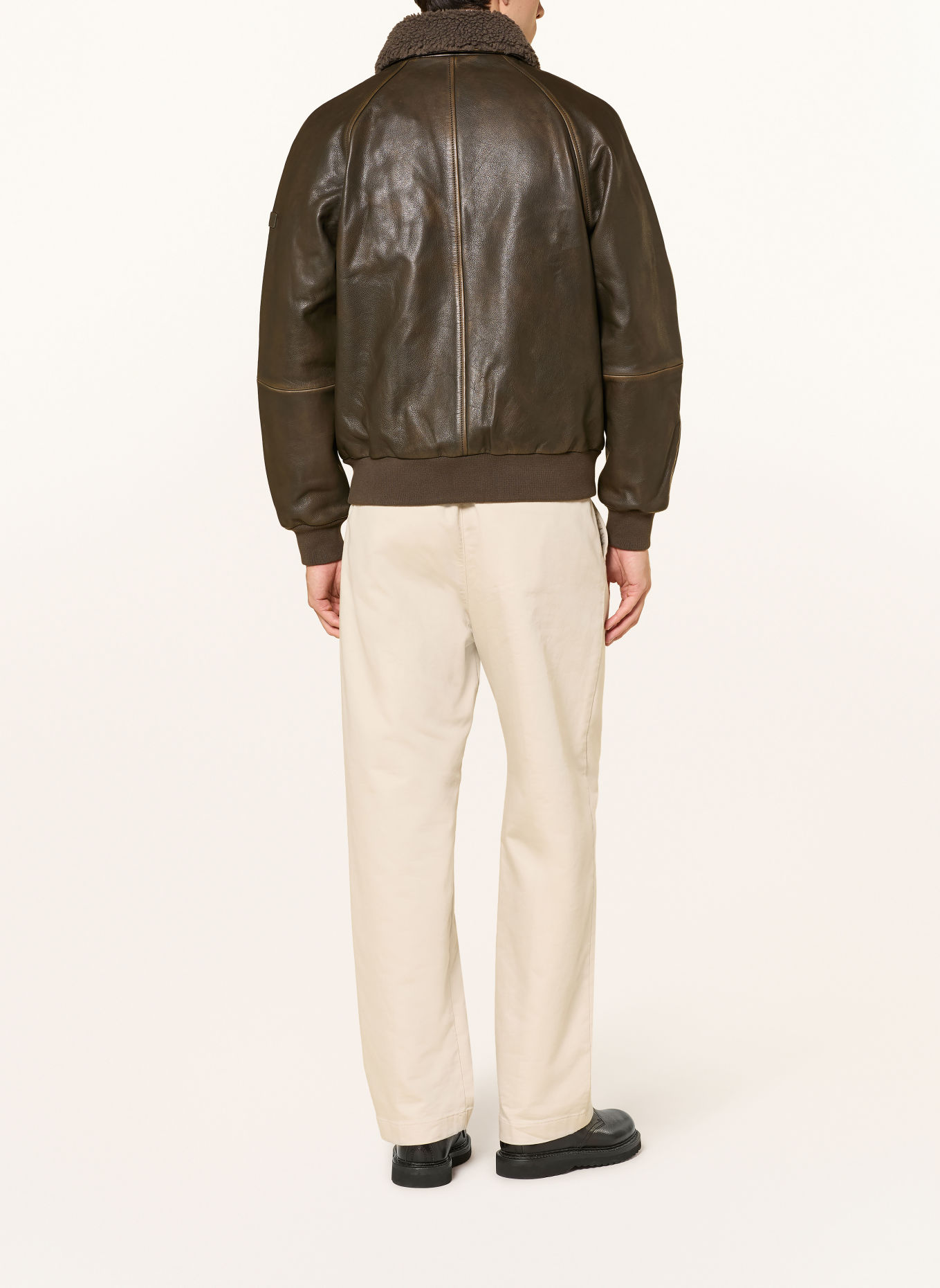 Marc O'Polo Blouson en cuir avec col en fausse fourrure amovible: OLIVE