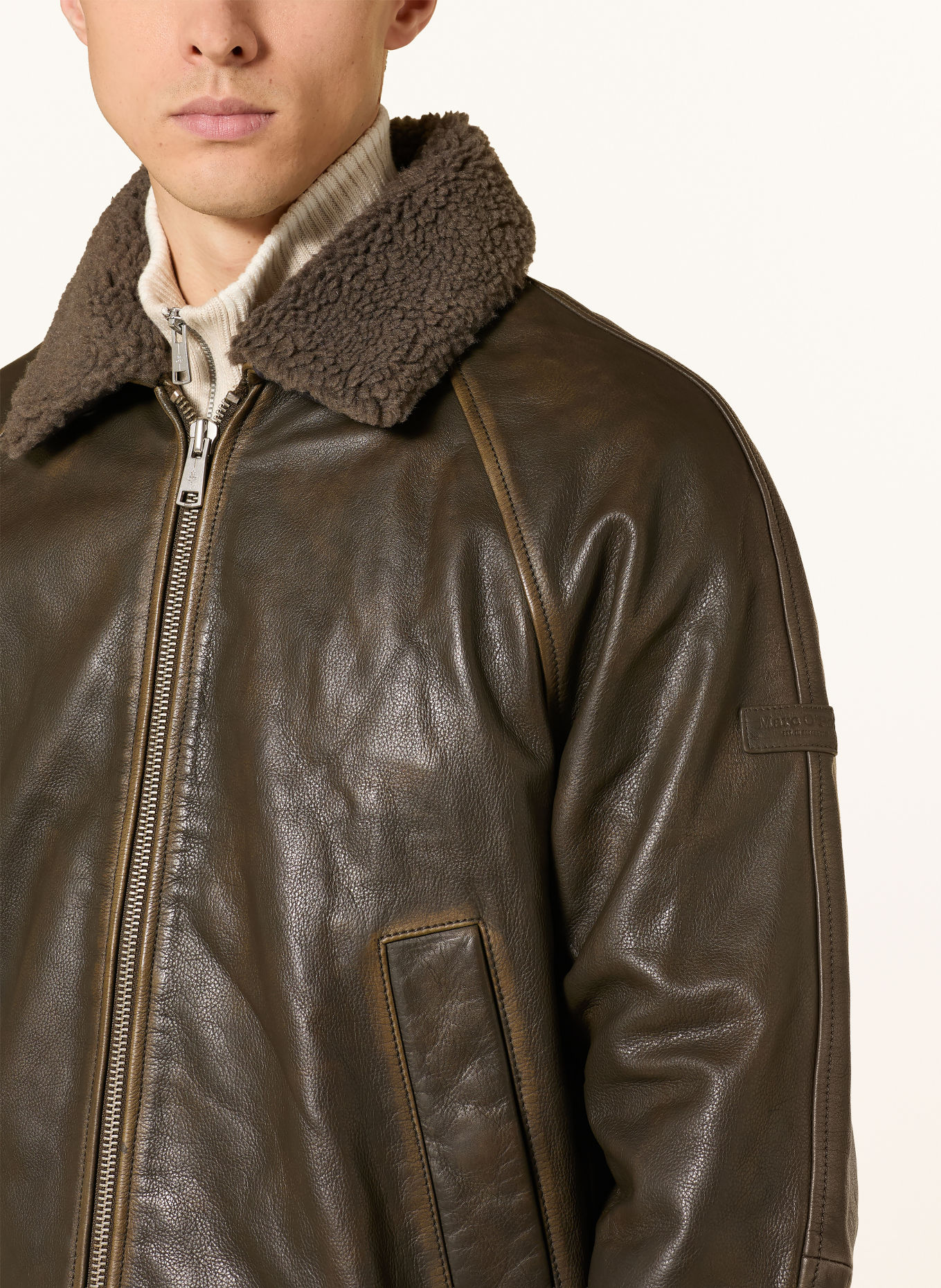 Marc O'Polo Blouson en cuir avec col en fausse fourrure amovible: OLIVE