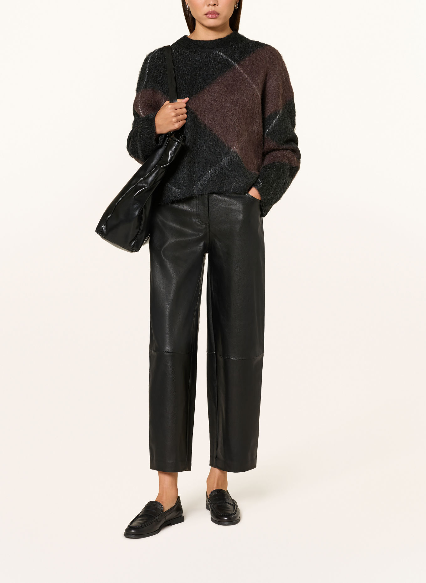 OPUS Broek met leerlook: ZWART