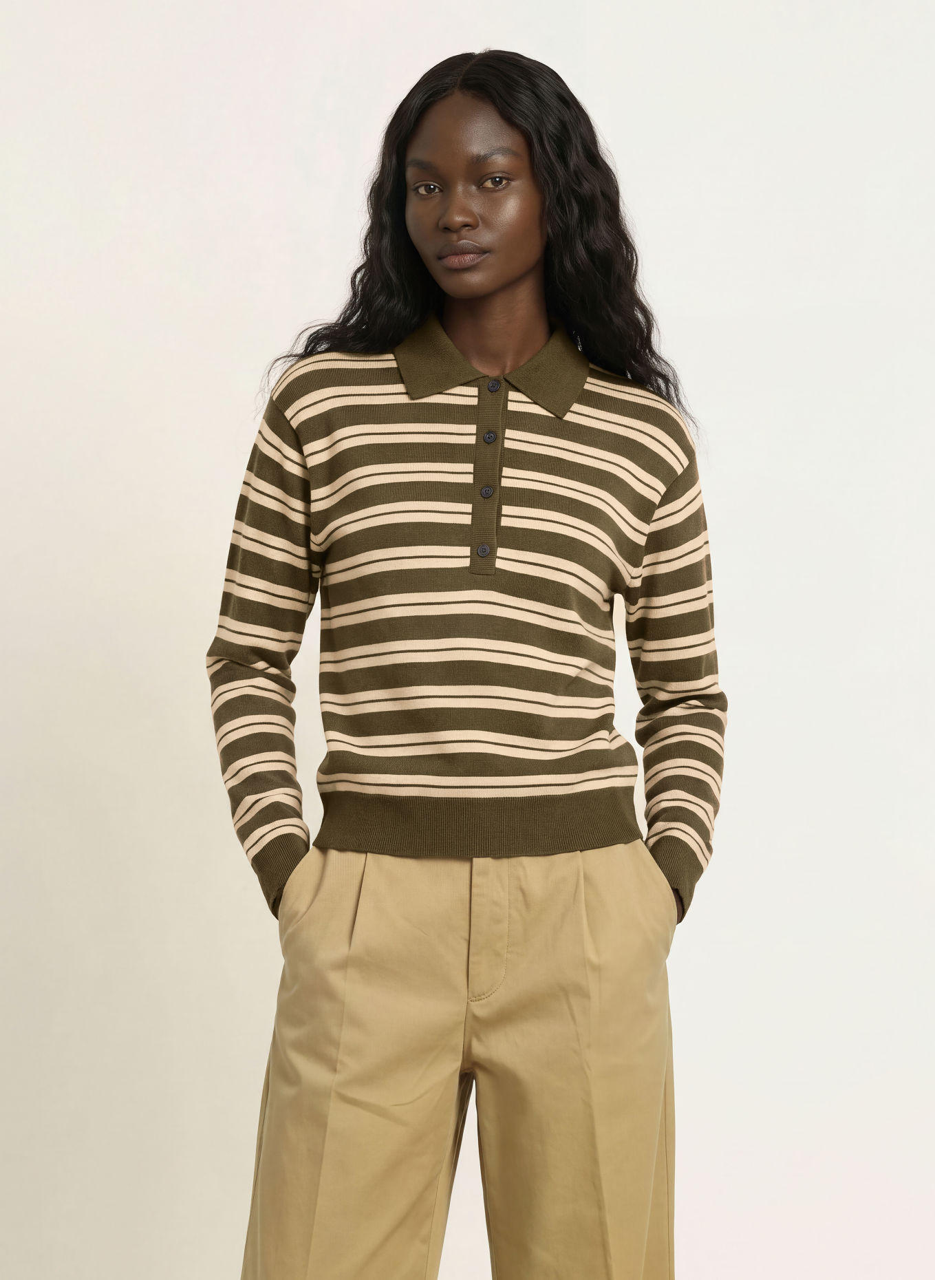 ARKET WAIDA Knit polo shirt: OLIVE / LIGHT BROWN / BLACK