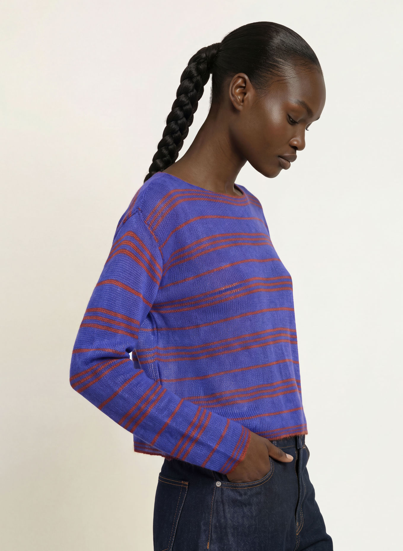 American Vintage Pull BODYROW: BLEU FONCÉ / MARRON