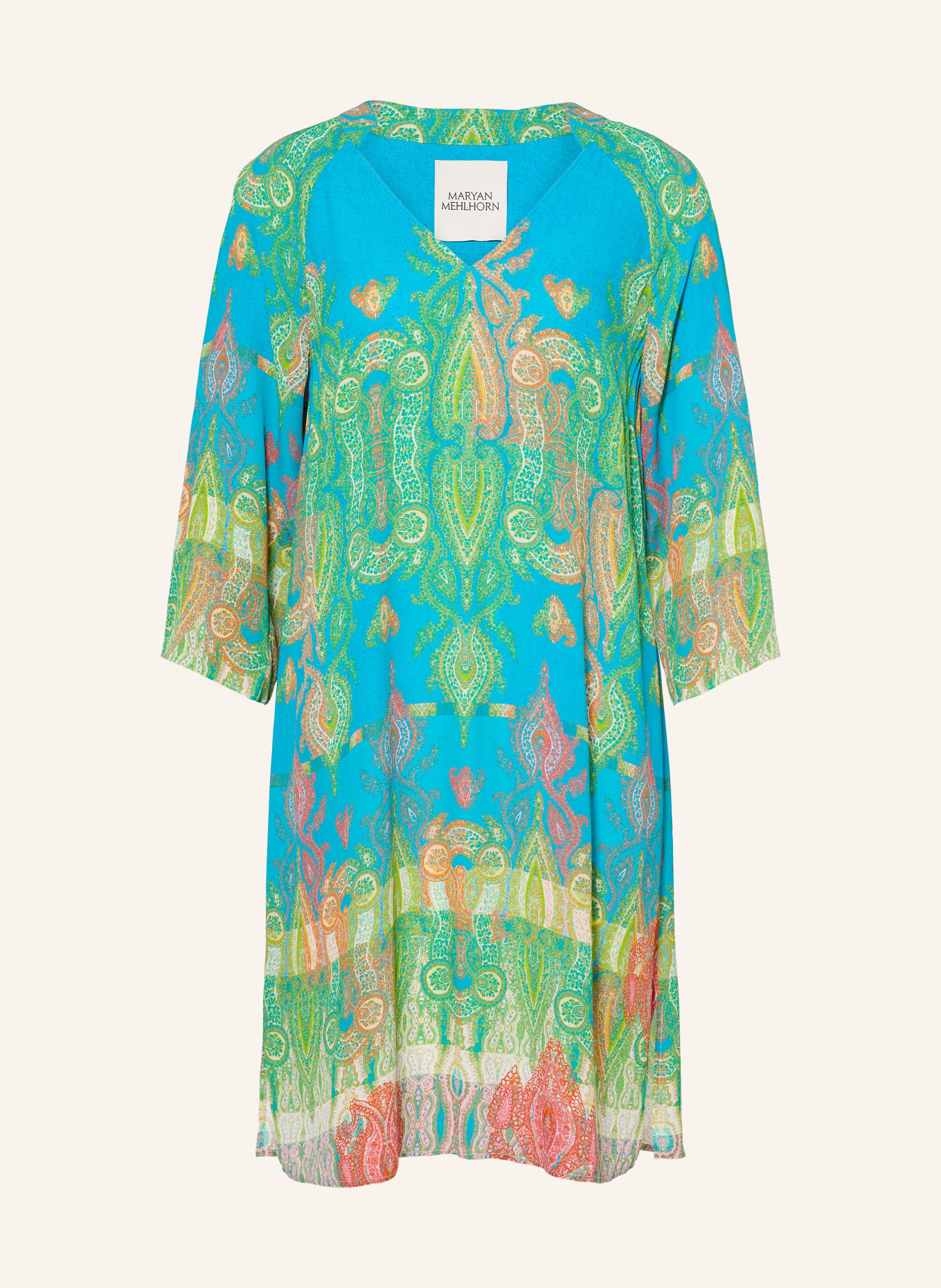 MARYAN MEHLHORN JACQUARD beach dress with 3/4 sleeves: TURQUOISE / RED / GREEN