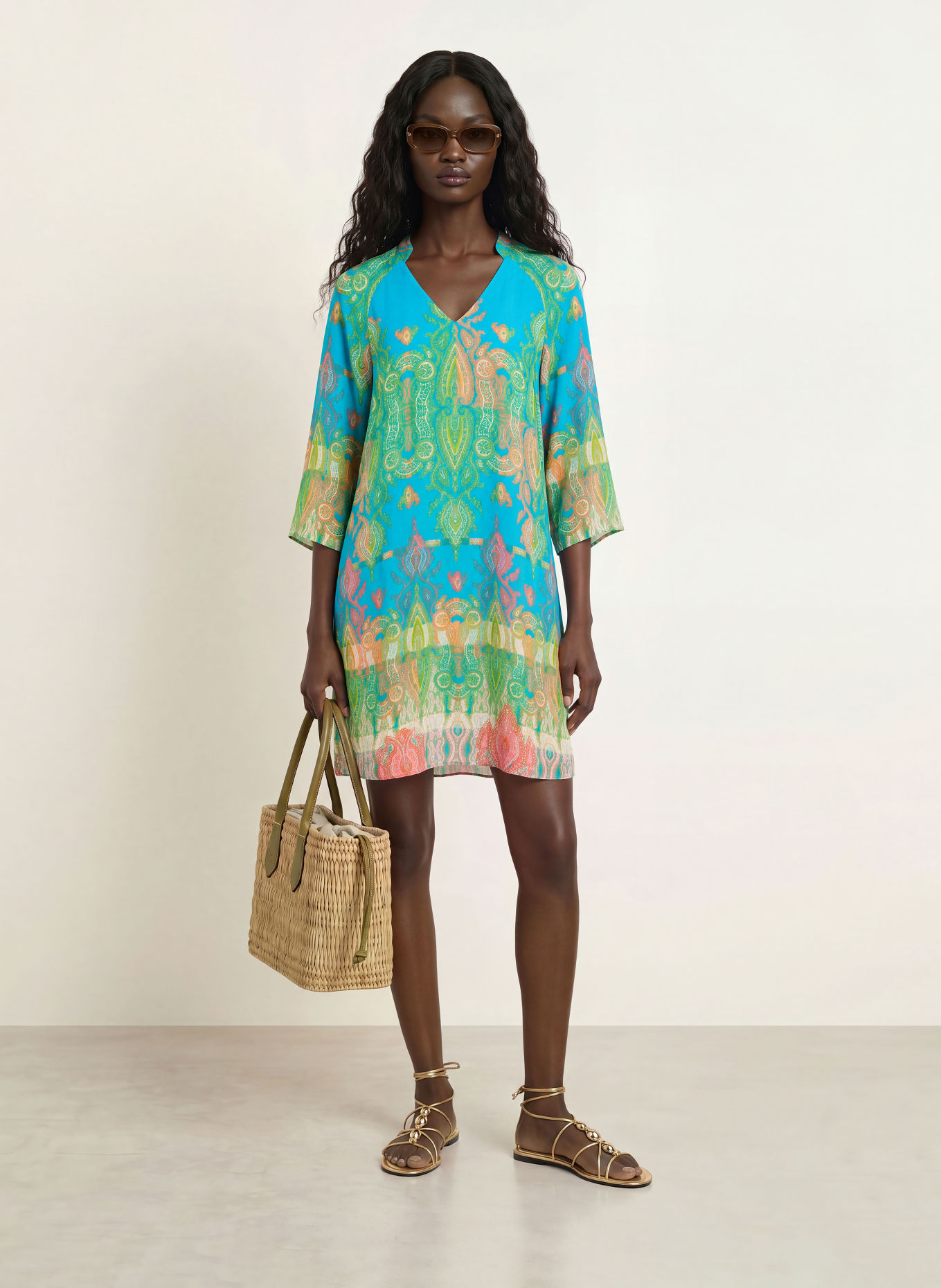 MARYAN MEHLHORN JACQUARD beach dress with 3/4 sleeves: TURQUOISE / RED / GREEN