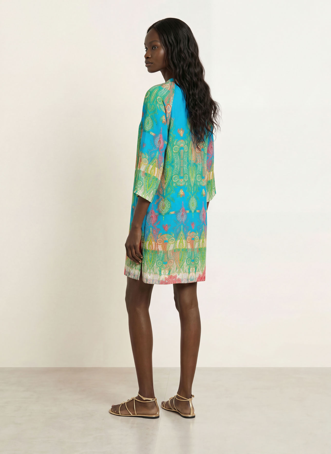 MARYAN MEHLHORN JACQUARD beach dress with 3/4 sleeves: TURQUOISE / RED / GREEN