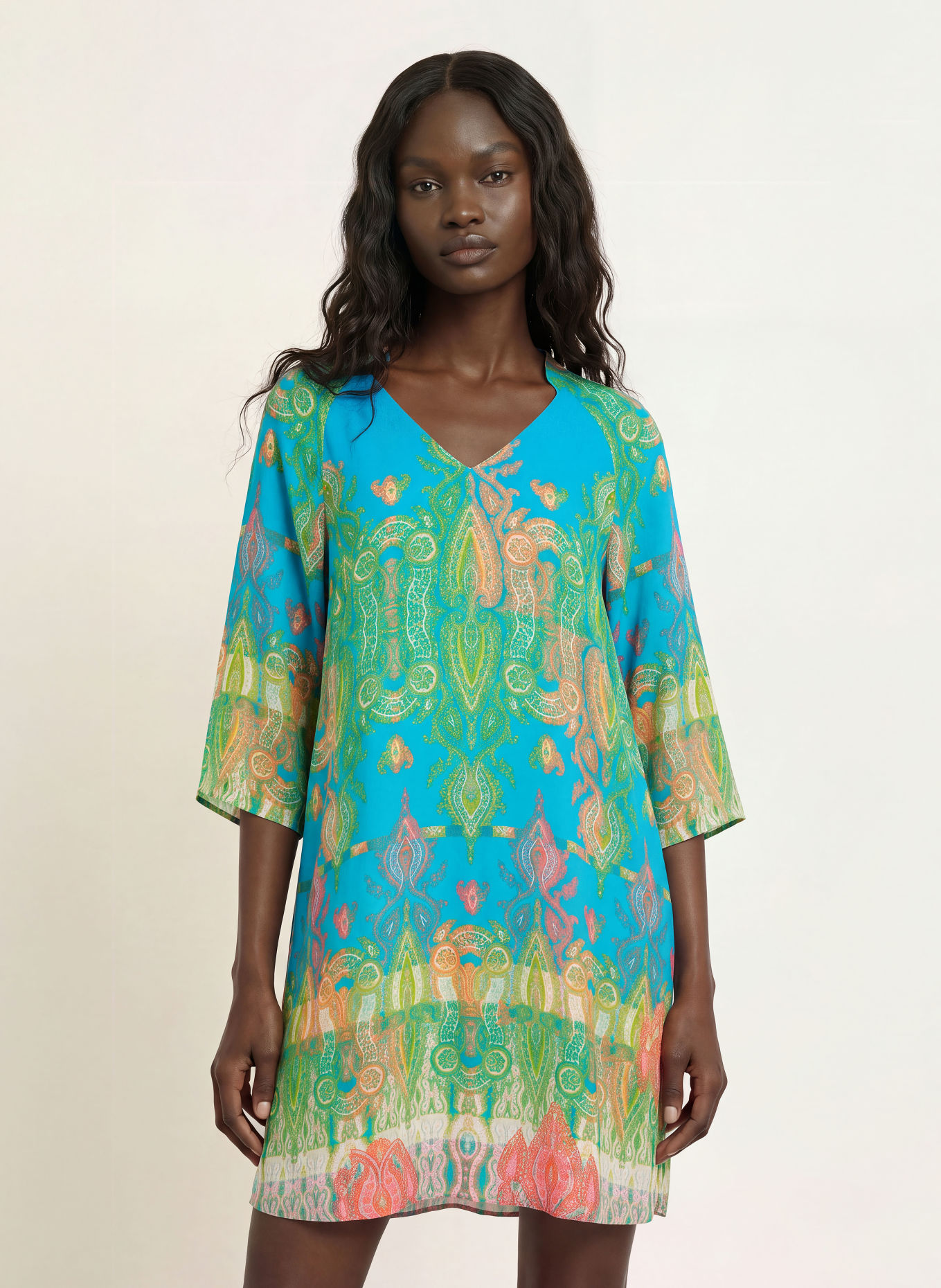 MARYAN MEHLHORN JACQUARD beach dress with 3/4 sleeves: TURQUOISE / RED / GREEN