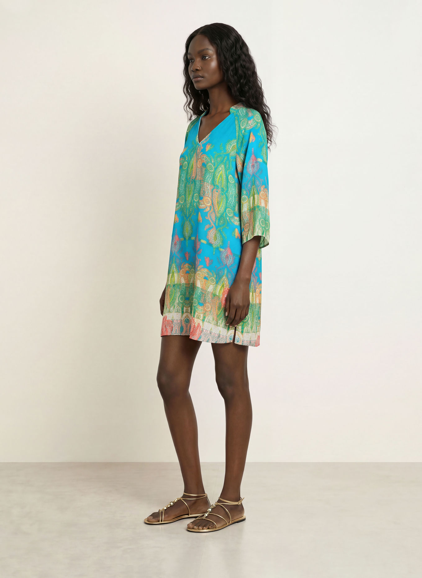 MARYAN MEHLHORN JACQUARD beach dress with 3/4 sleeves: TURQUOISE / RED / GREEN