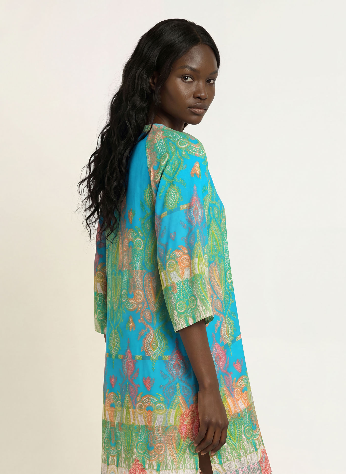 MARYAN MEHLHORN JACQUARD beach dress with 3/4 sleeves: TURQUOISE / RED / GREEN
