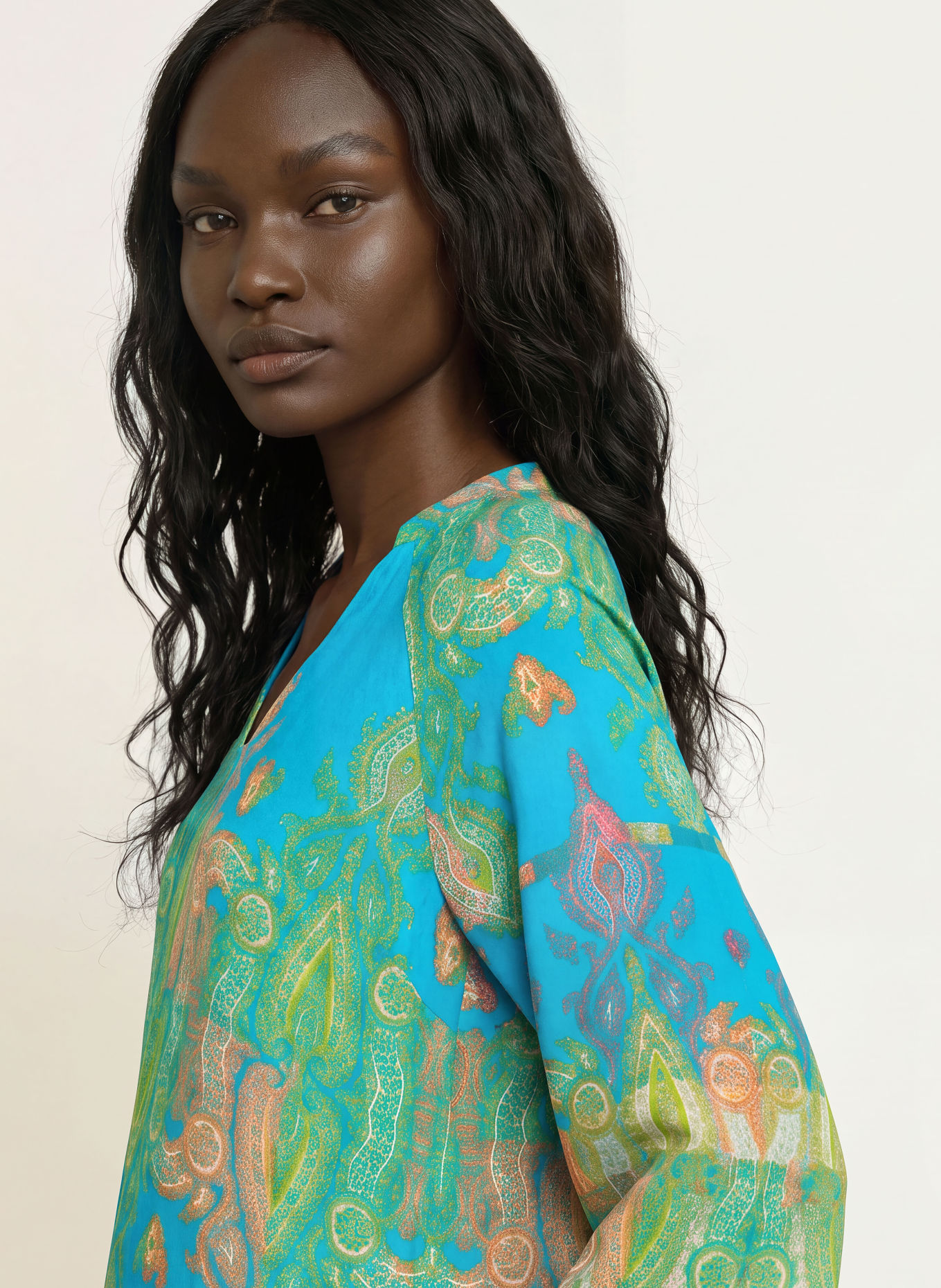 MARYAN MEHLHORN JACQUARD beach dress with 3/4 sleeves: TURQUOISE / RED / GREEN