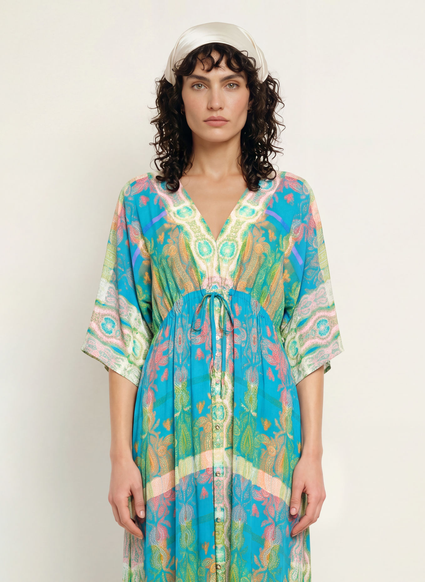 MARYAN MEHLHORN Beach dress with 3/4 sleeves: TURQUOISE / PINK / LIGHT GREEN