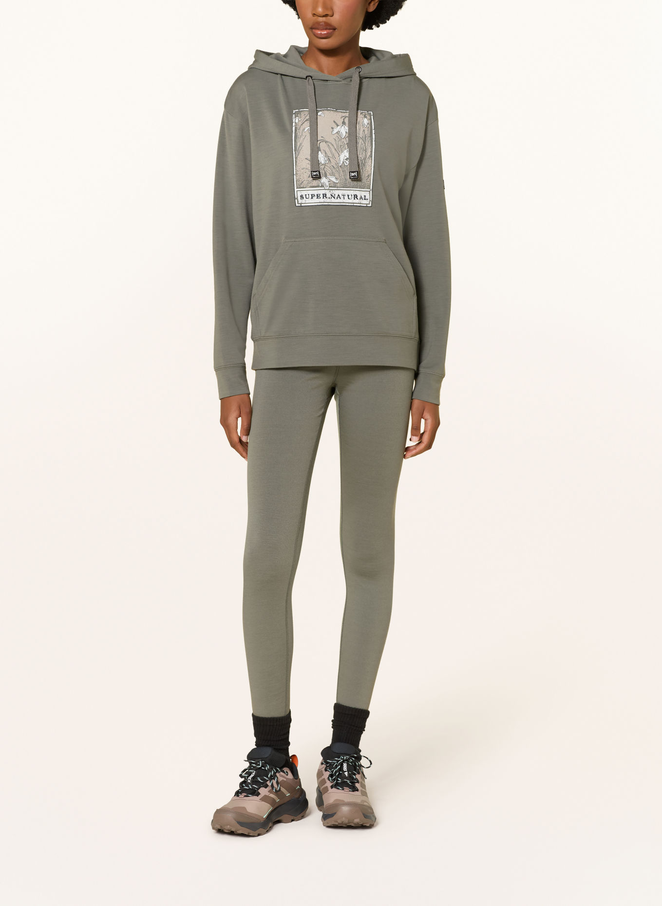 super.natural SNOWDROPS Hoodie with Merino Wool: KHAKI / BEIGE / ECRU