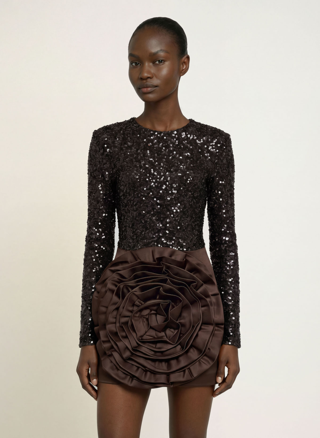 ROTATE Cocktailkleid im Materialmix mit Pailletten: DUNKELBRAUN