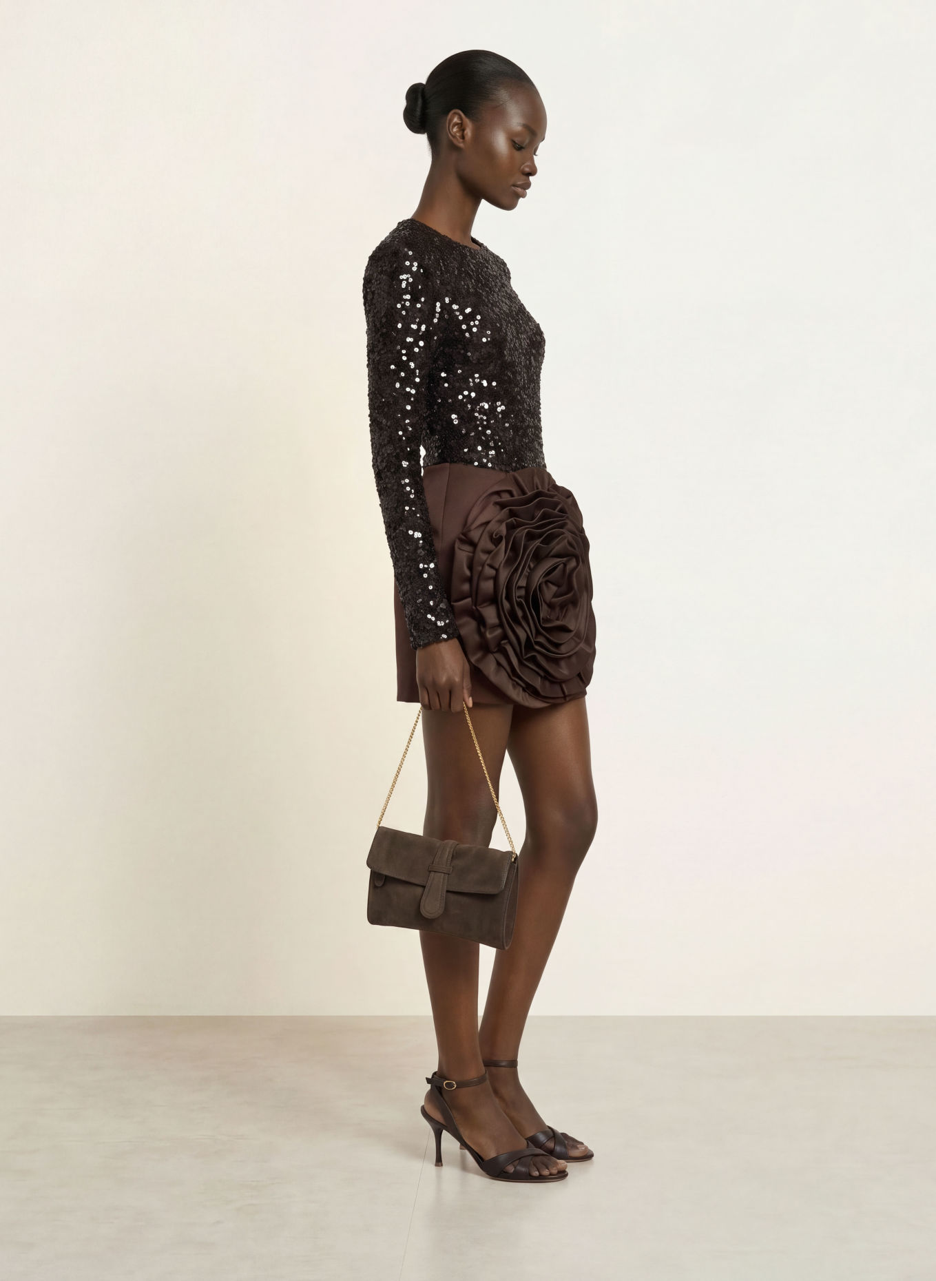 ROTATE Cocktailkleid im Materialmix mit Pailletten: DUNKELBRAUN