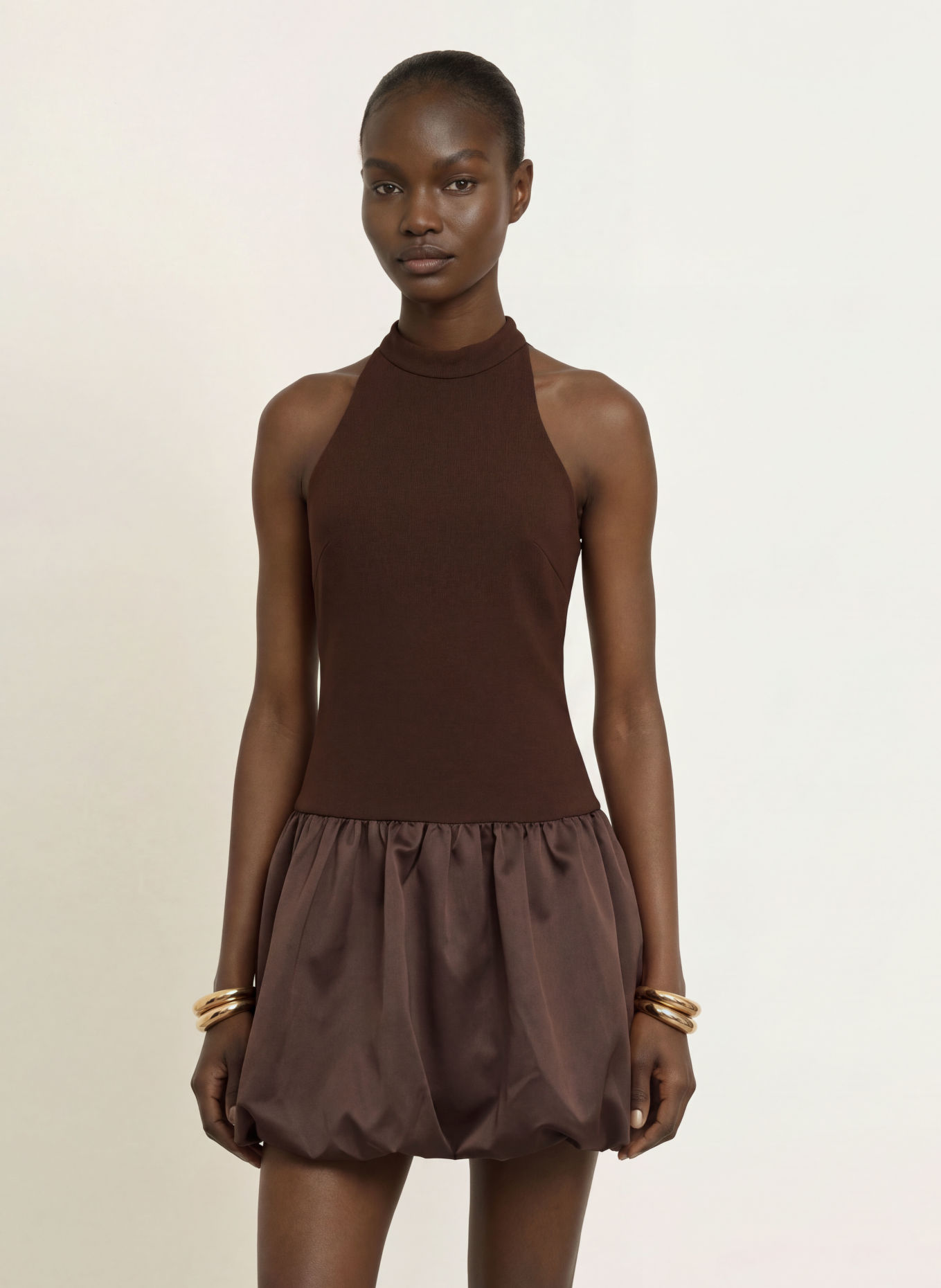 ROTATE Cocktail dress in a mix of fabrics: DARK BROWN