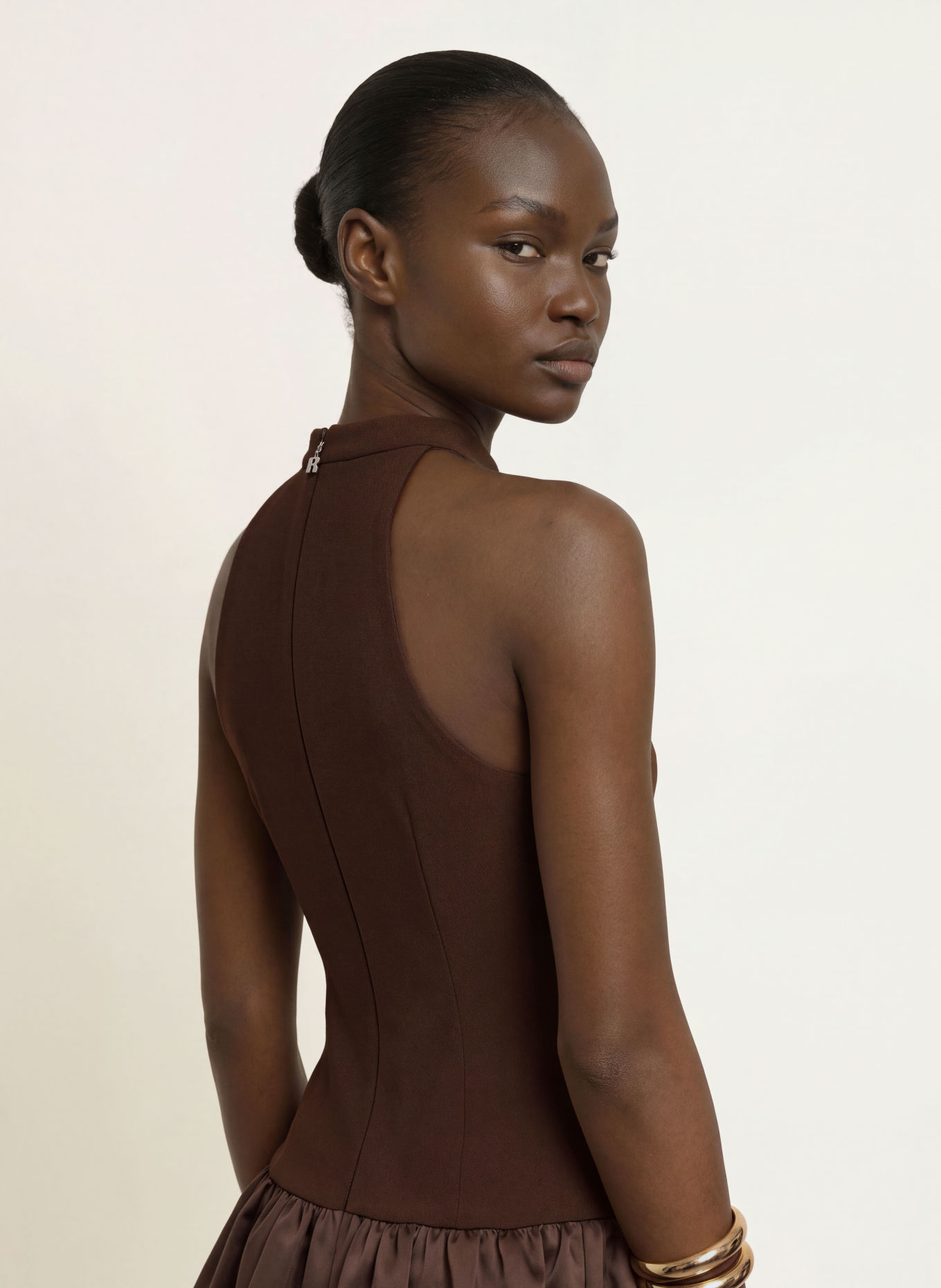 ROTATE Cocktail dress in a mix of fabrics: DARK BROWN