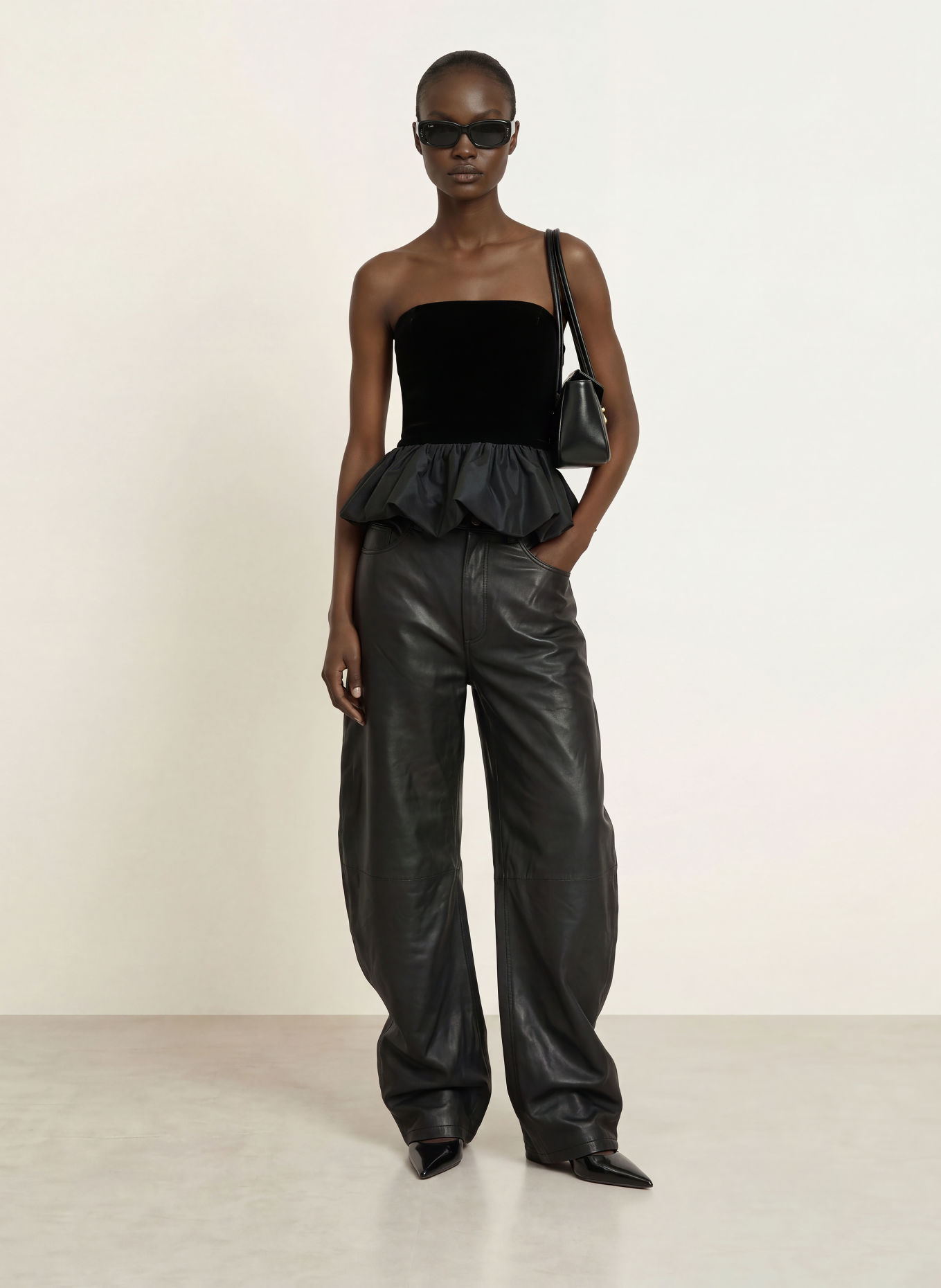 ROTATE Off-the-shoulder top in a mix of fabrics: BLACK