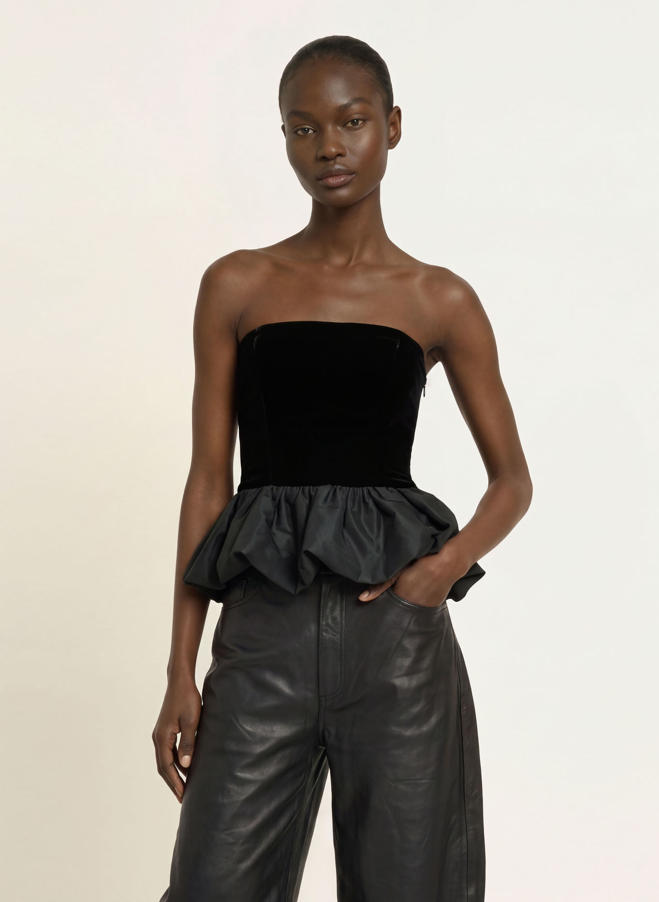 ROTATE Off-the-shoulder top in a mix of fabrics: BLACK