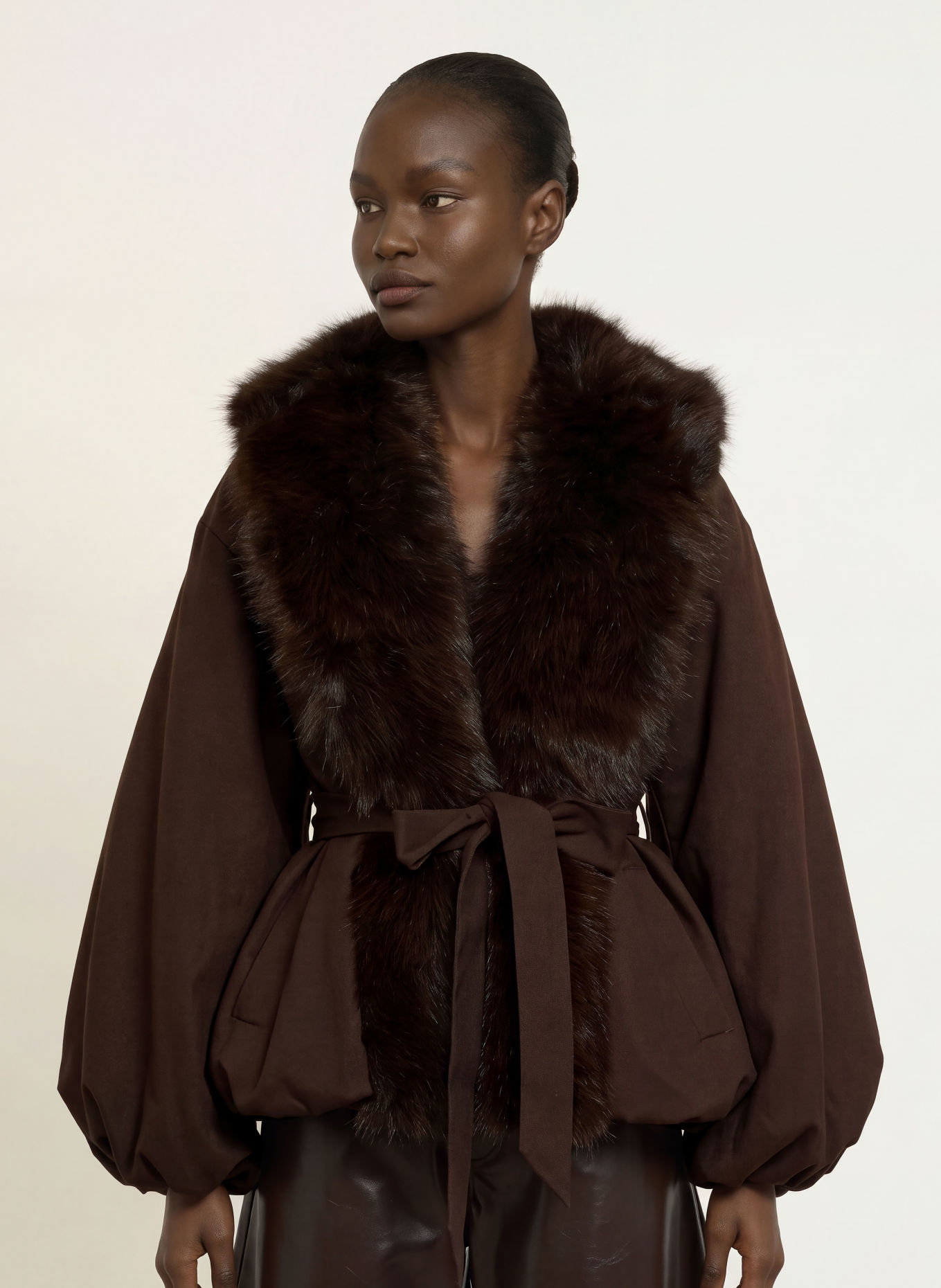 ROTATE Jacket with faux fur: DARK BROWN