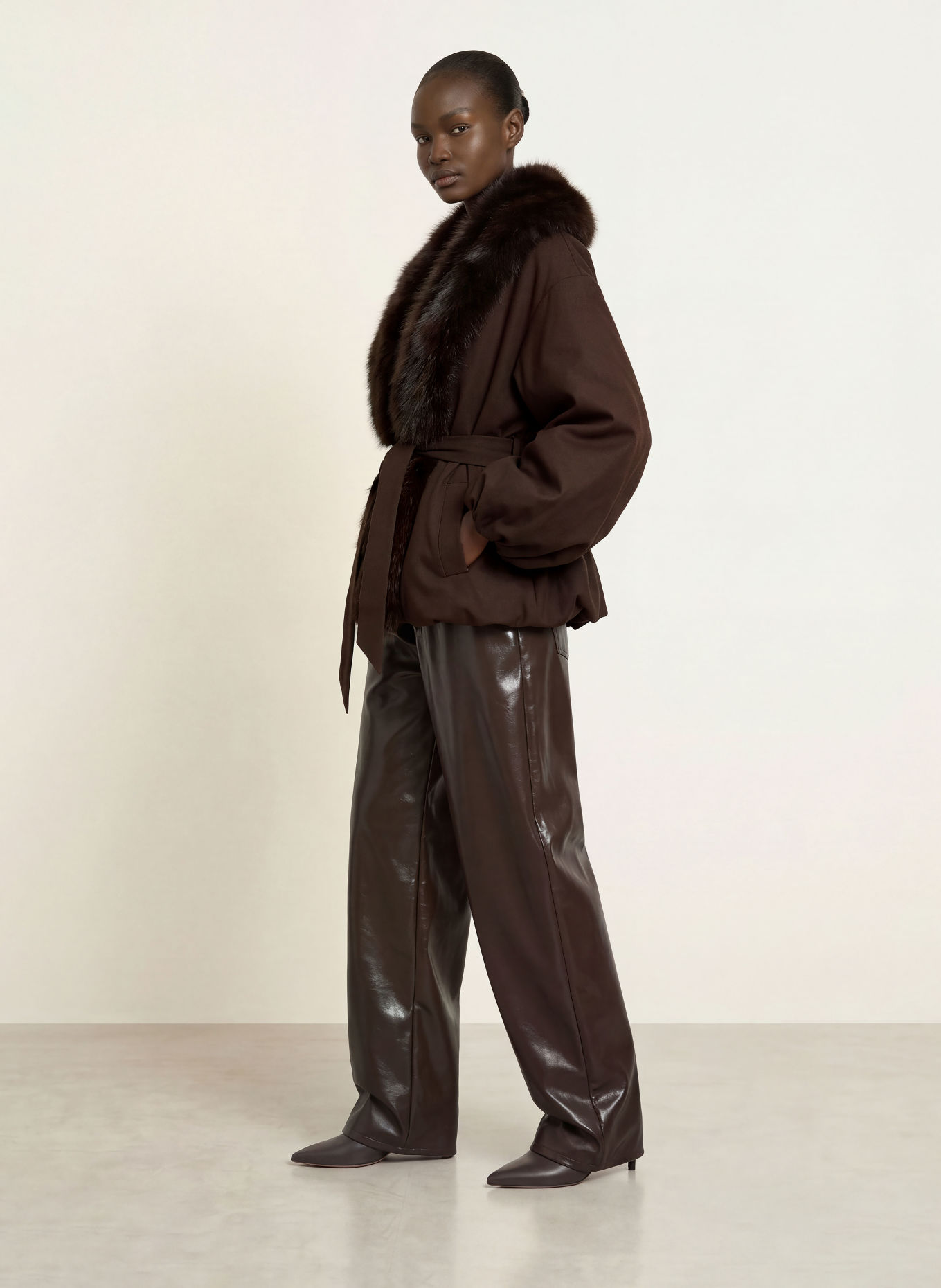 ROTATE Jacket with faux fur: DARK BROWN