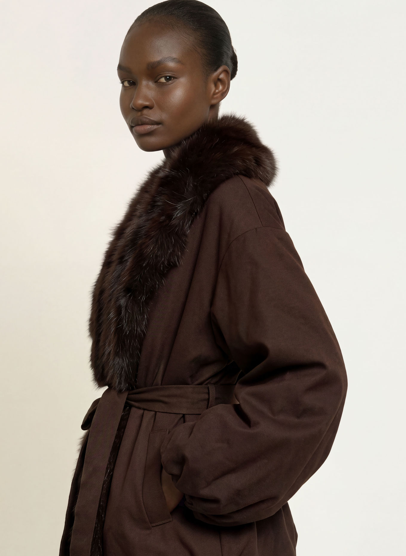 ROTATE Jacket with faux fur: DARK BROWN