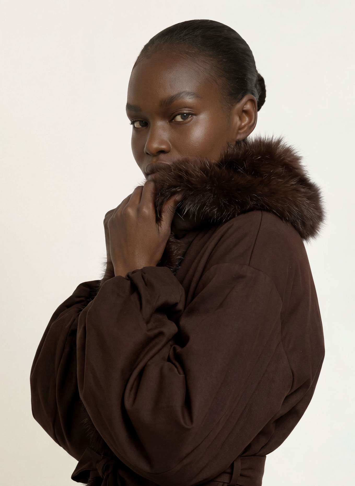 ROTATE Jacket with faux fur: DARK BROWN