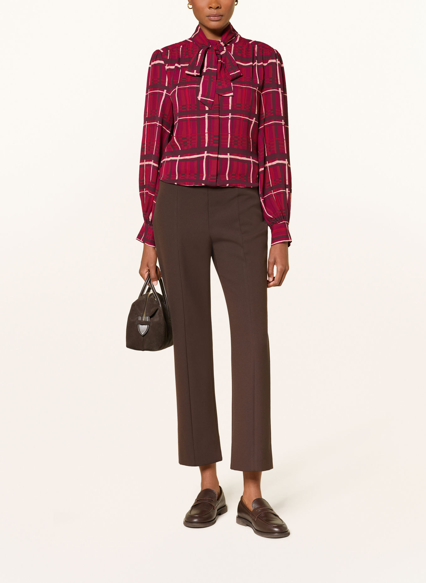 HOBBS AISHA Tie-neck blouse: DARK RED / LIGHT BROWN / DARK BROWN