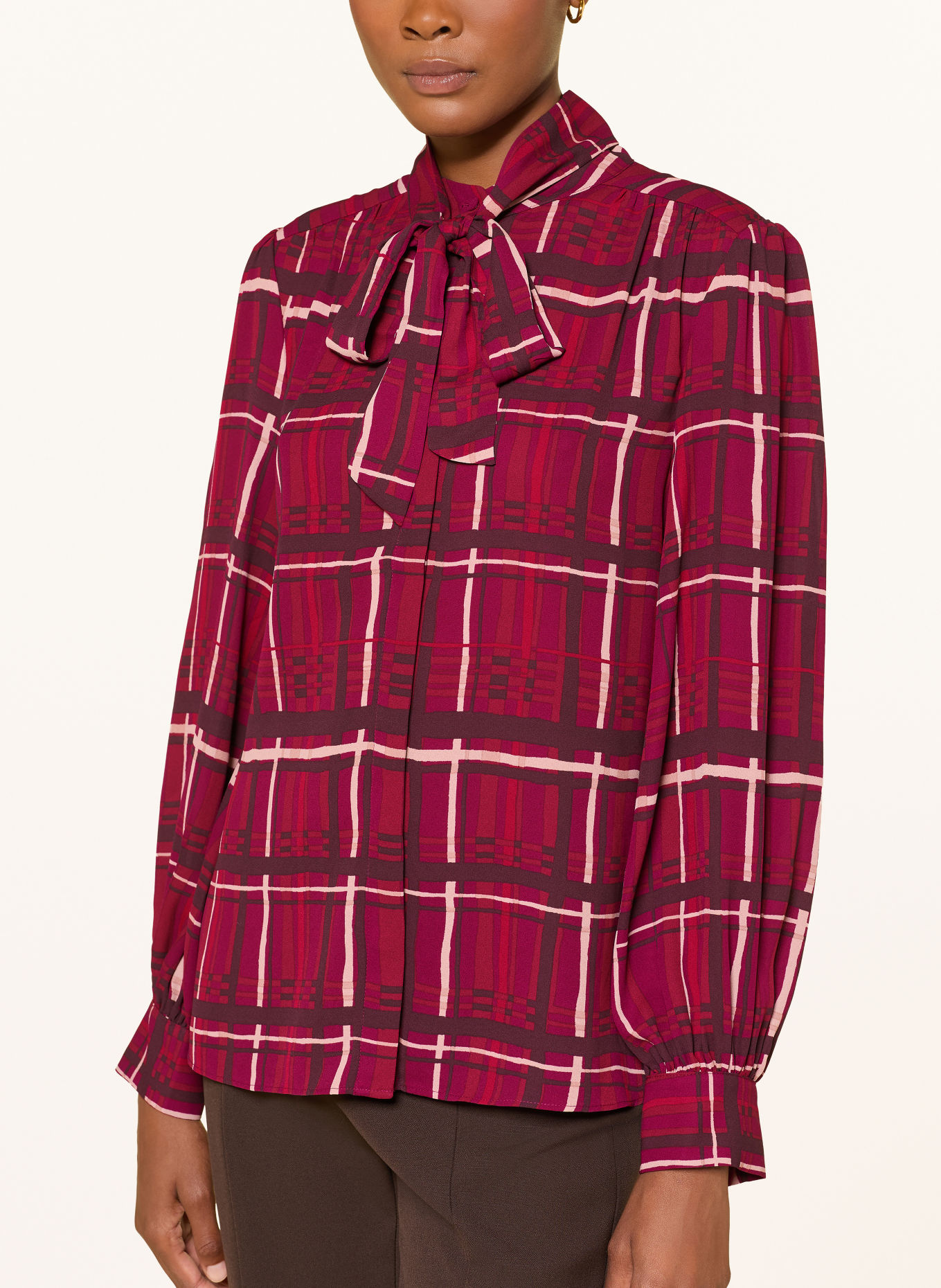 HOBBS AISHA Tie-neck blouse: DARK RED / LIGHT BROWN / DARK BROWN