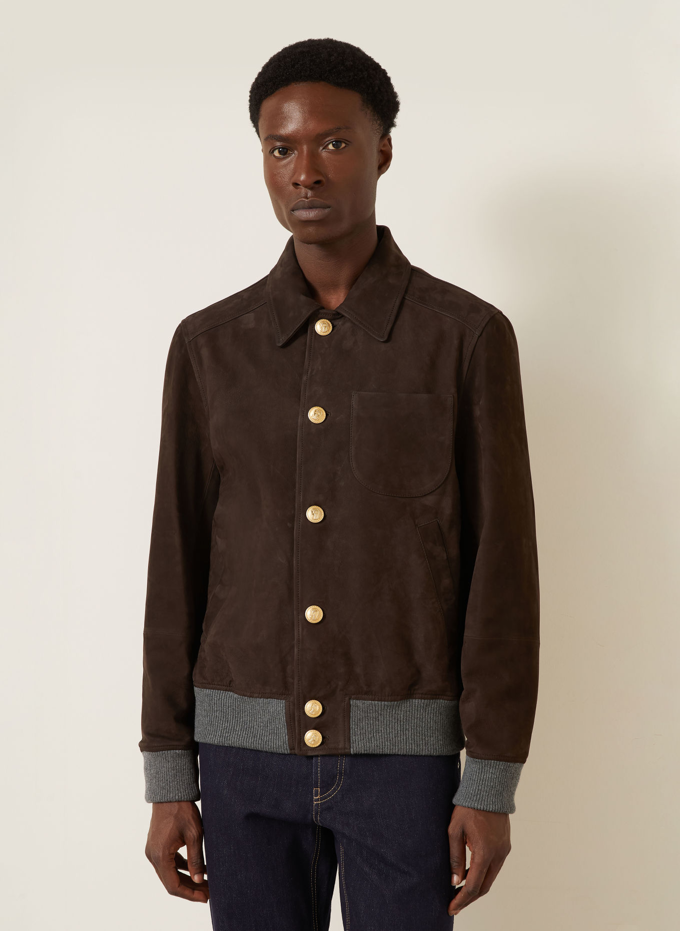 BRUNELLO CUCINELLI Leather jacket: DARK BROWN / DARK GRAY