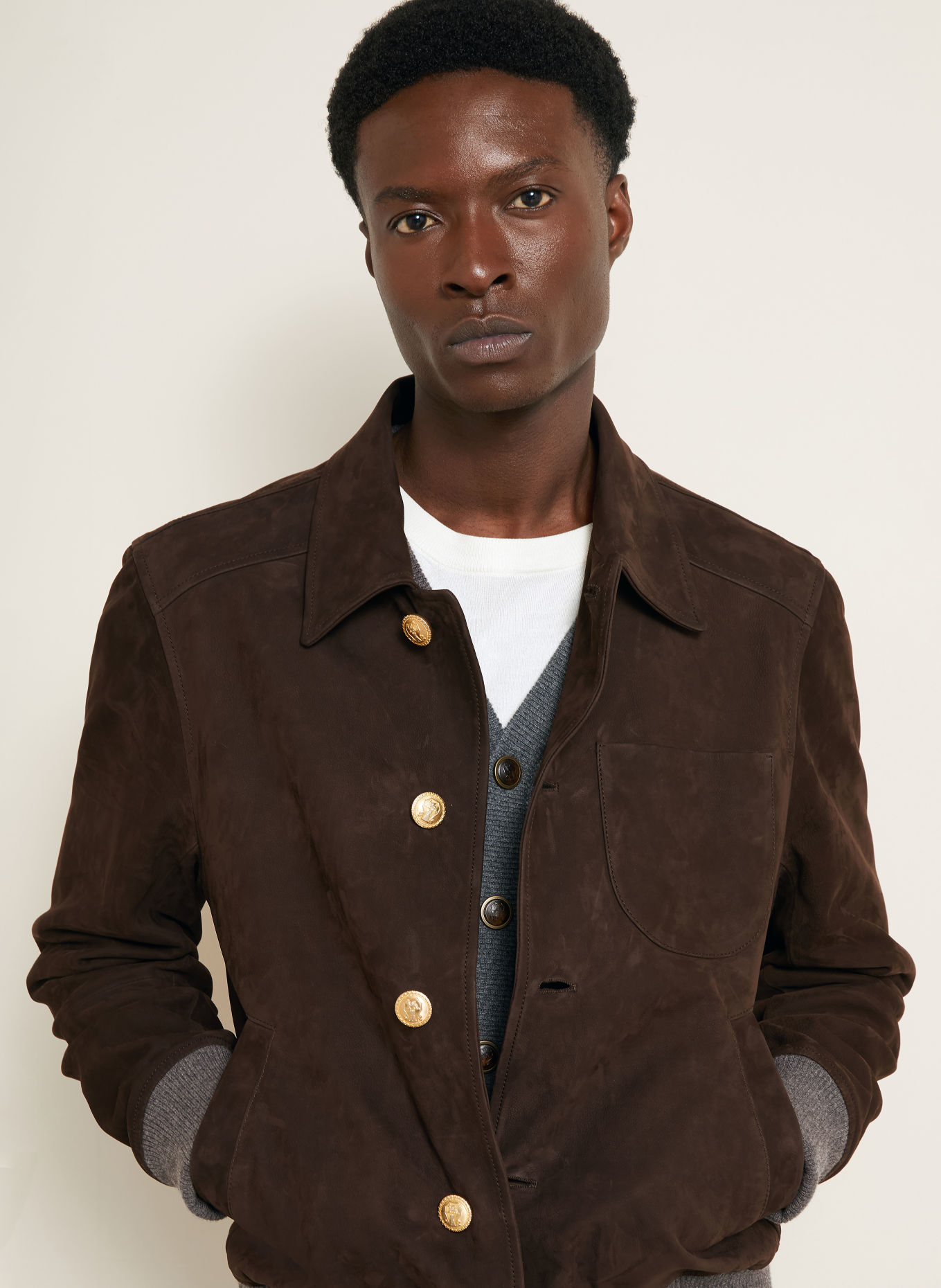 BRUNELLO CUCINELLI Leather jacket: DARK BROWN / DARK GRAY