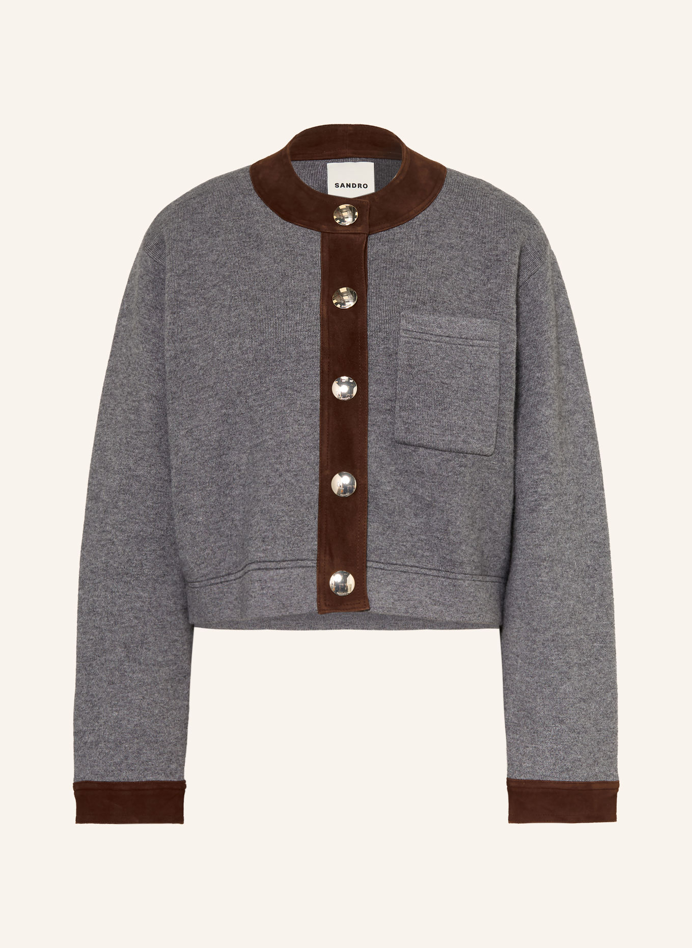 SANDRO Strickjacke im Materialmix: DUNKELGRAU / BRAUN