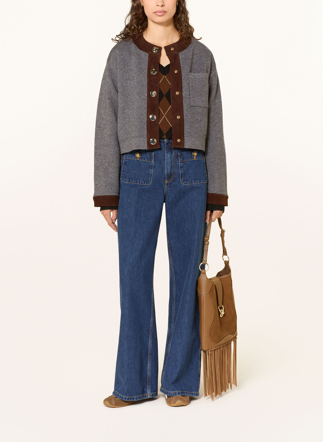 SANDRO Strickjacke im Materialmix: DUNKELGRAU / BRAUN