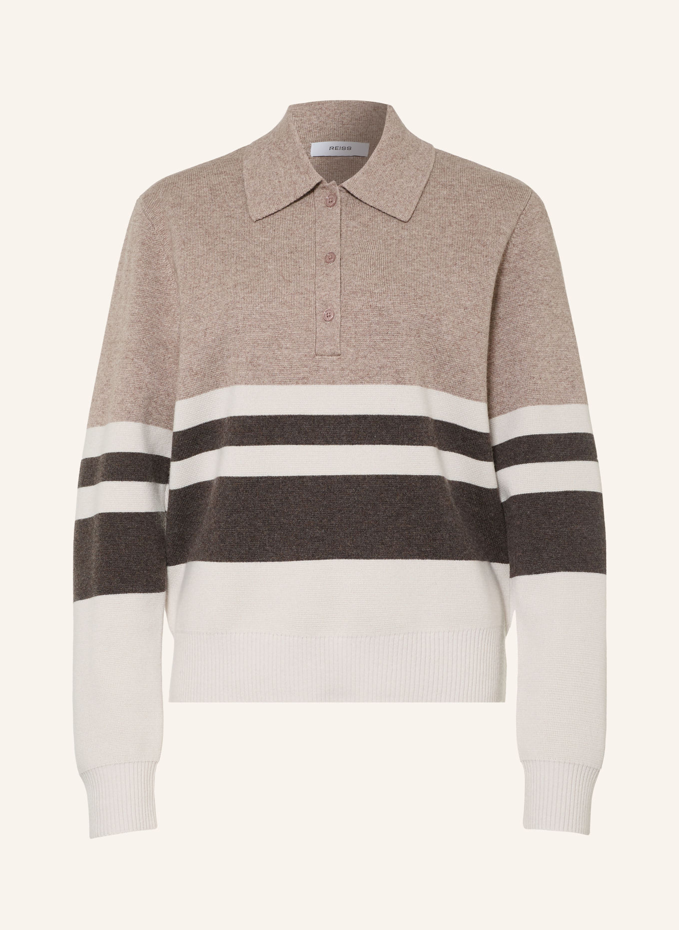 REISS Gebreid poloshirt BRONTE: LICHTBRUIN / MARRON FONCÉ / WIT