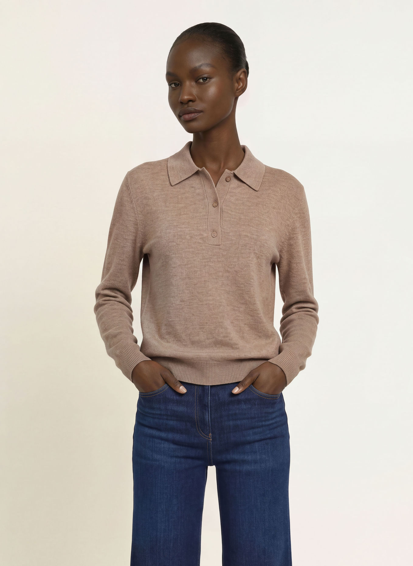 REISS Strikket polo BROOKE i merinould: BEIGE