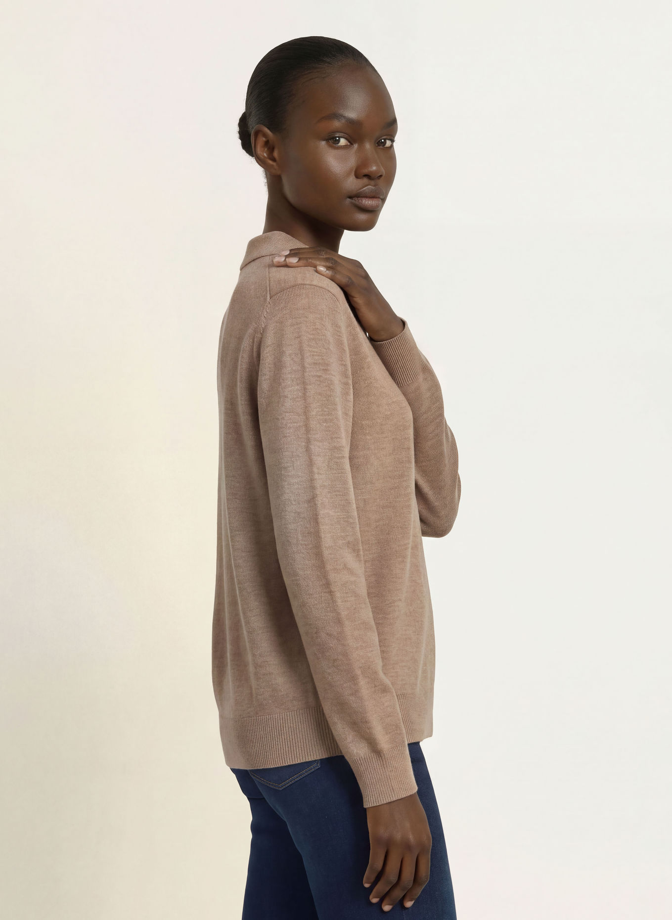 REISS Strikket polo BROOKE i merinould: BEIGE