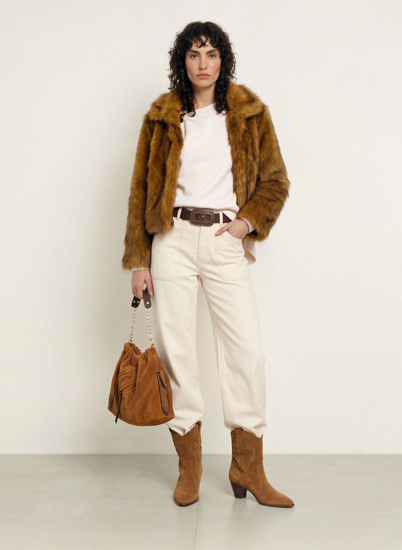 ba&sh Kunstfell-Jacke LENDY: COGNAC / DUNKELBRAUN / BEIGE