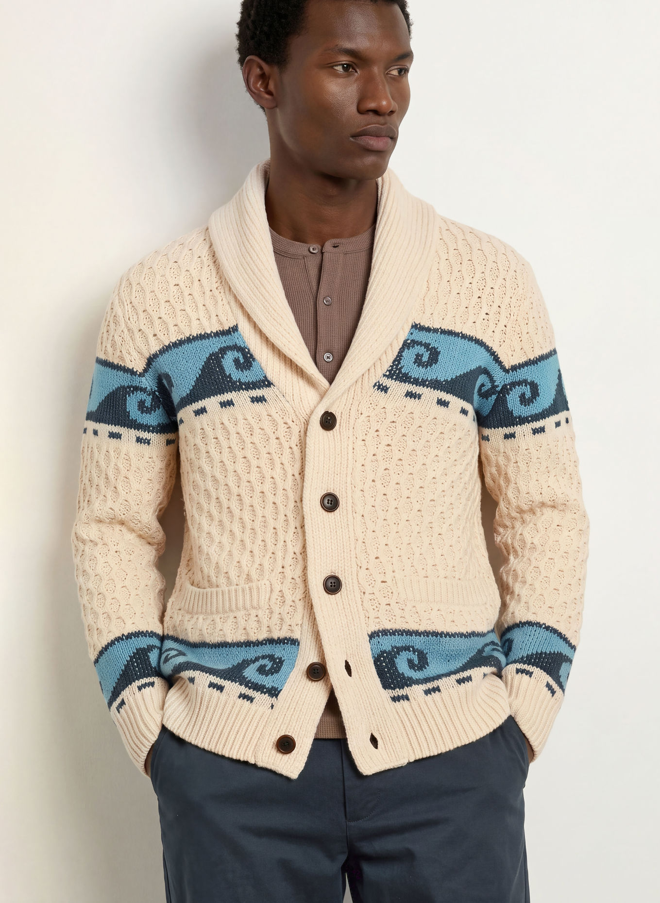 FAHERTY Strickjacke WAVE SWELL: CREME / DUNKELGRAU / HELLBLAU