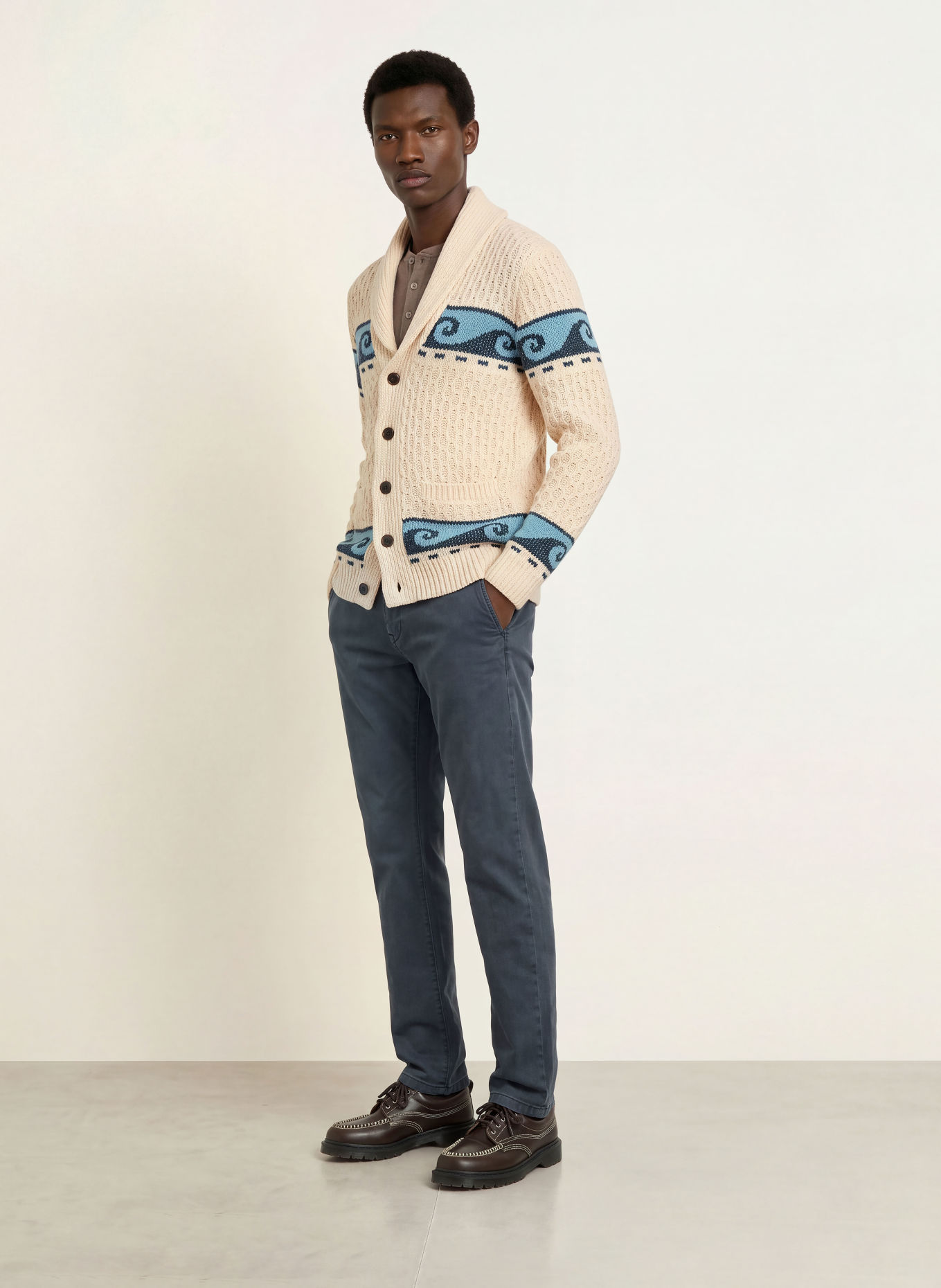 FAHERTY Strickjacke WAVE SWELL: CREME / DUNKELGRAU / HELLBLAU