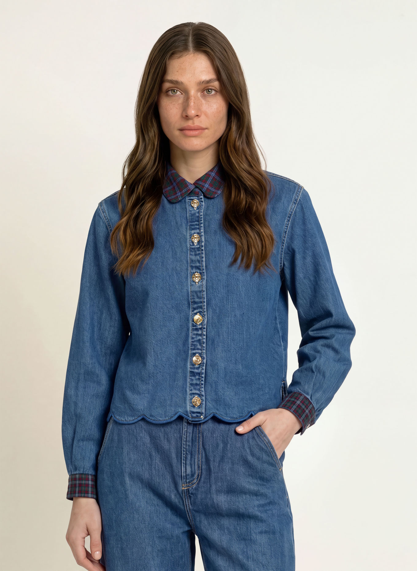 CLAUDIE PIERLOT Jeansbluse: BLAU / ROT / GRÜN