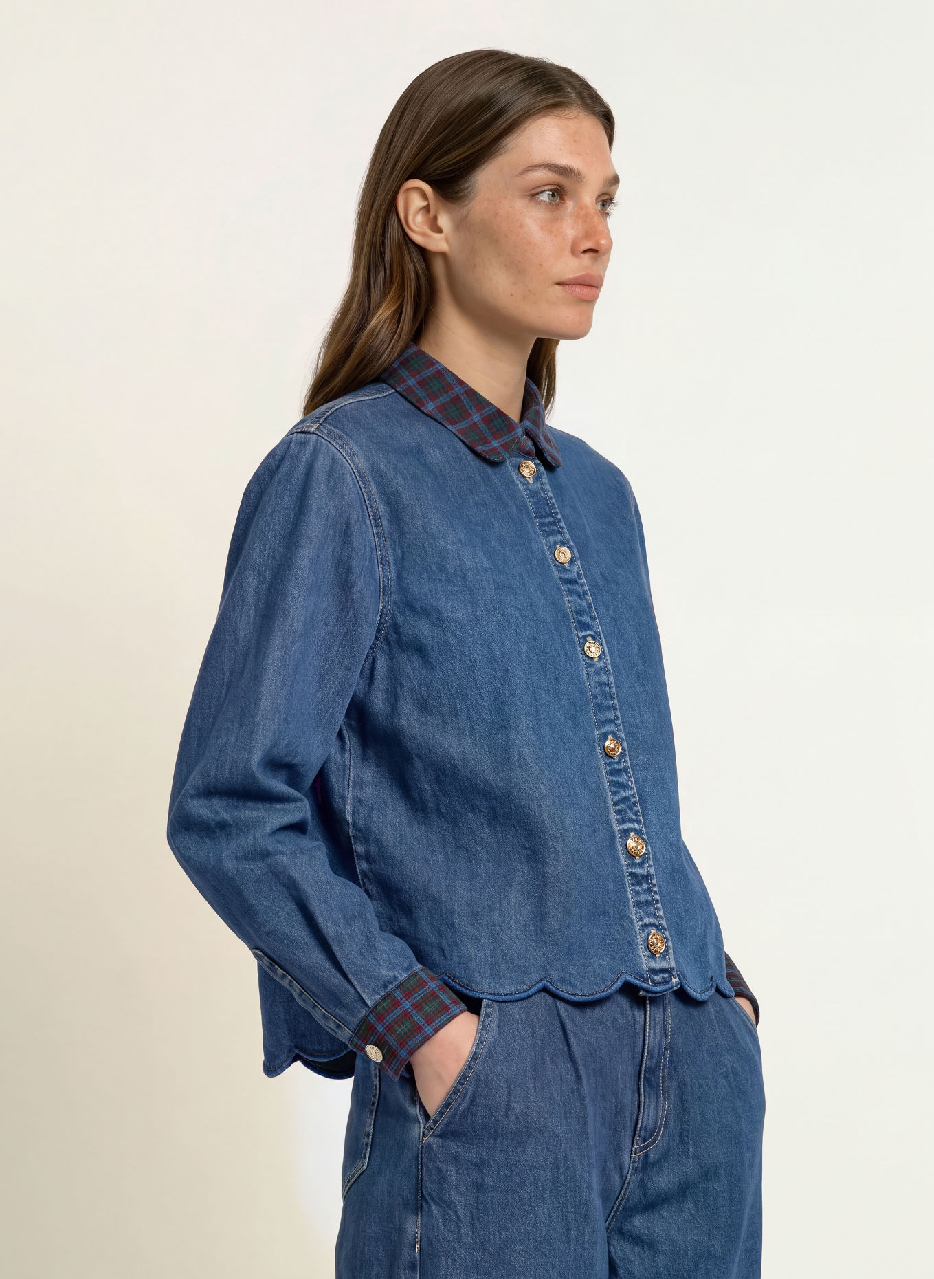 CLAUDIE PIERLOT Jeansbluse: BLAU / ROT / GRÜN