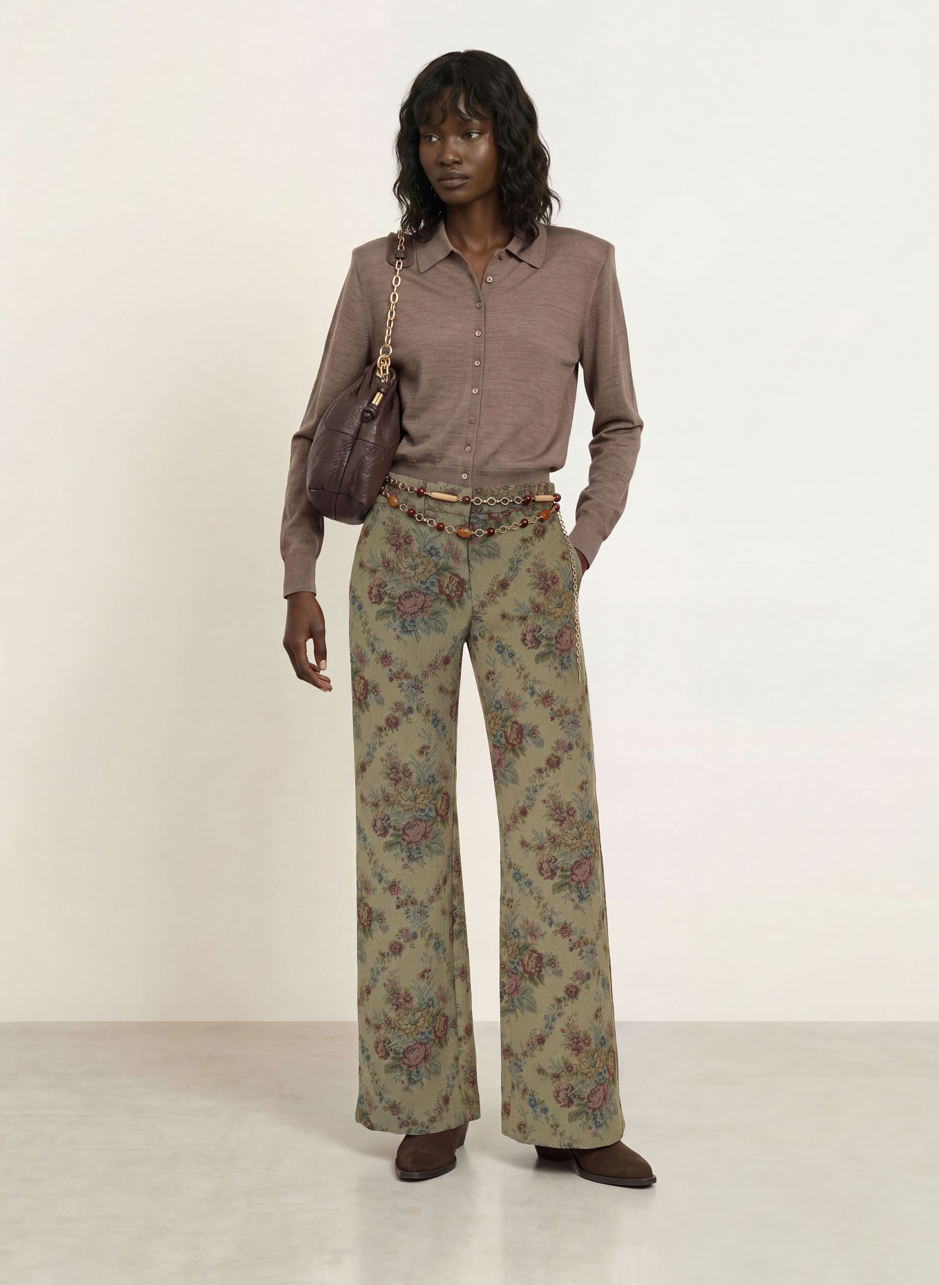 ba&sh Marlenehose REMEA aus Jacquard: KHAKI / DUNKELROT / OLIV