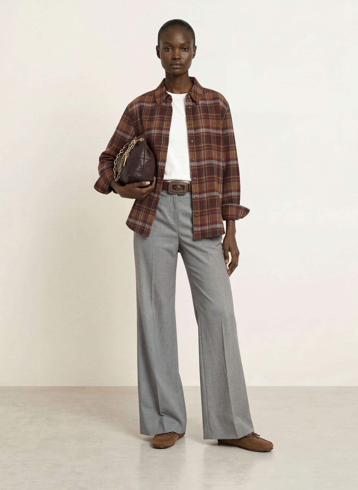 ba&sh ROXEA Flannel Shirt Blouse: BROWN / DARK BROWN / DARK RED