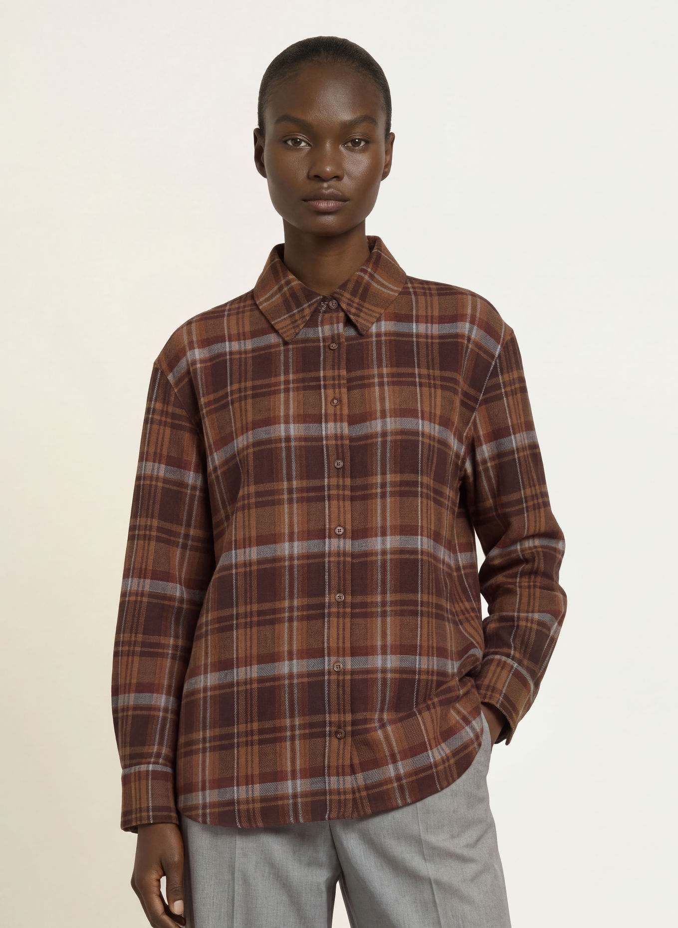 ba&sh ROXEA Flannel Shirt Blouse: BROWN / DARK BROWN / DARK RED