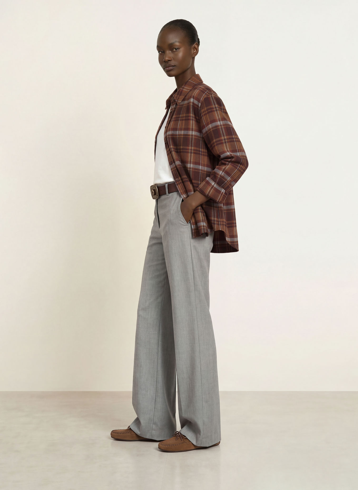 ba&sh ROXEA Flannel Shirt Blouse: BROWN / DARK BROWN / DARK RED