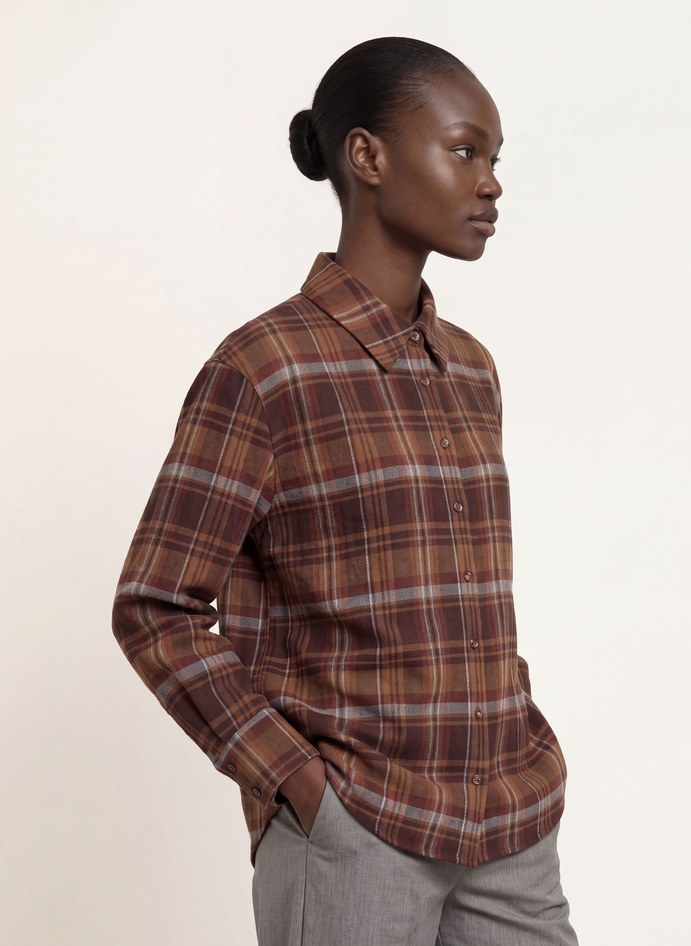 ba&sh ROXEA Flannel Shirt Blouse: BROWN / DARK BROWN / DARK RED