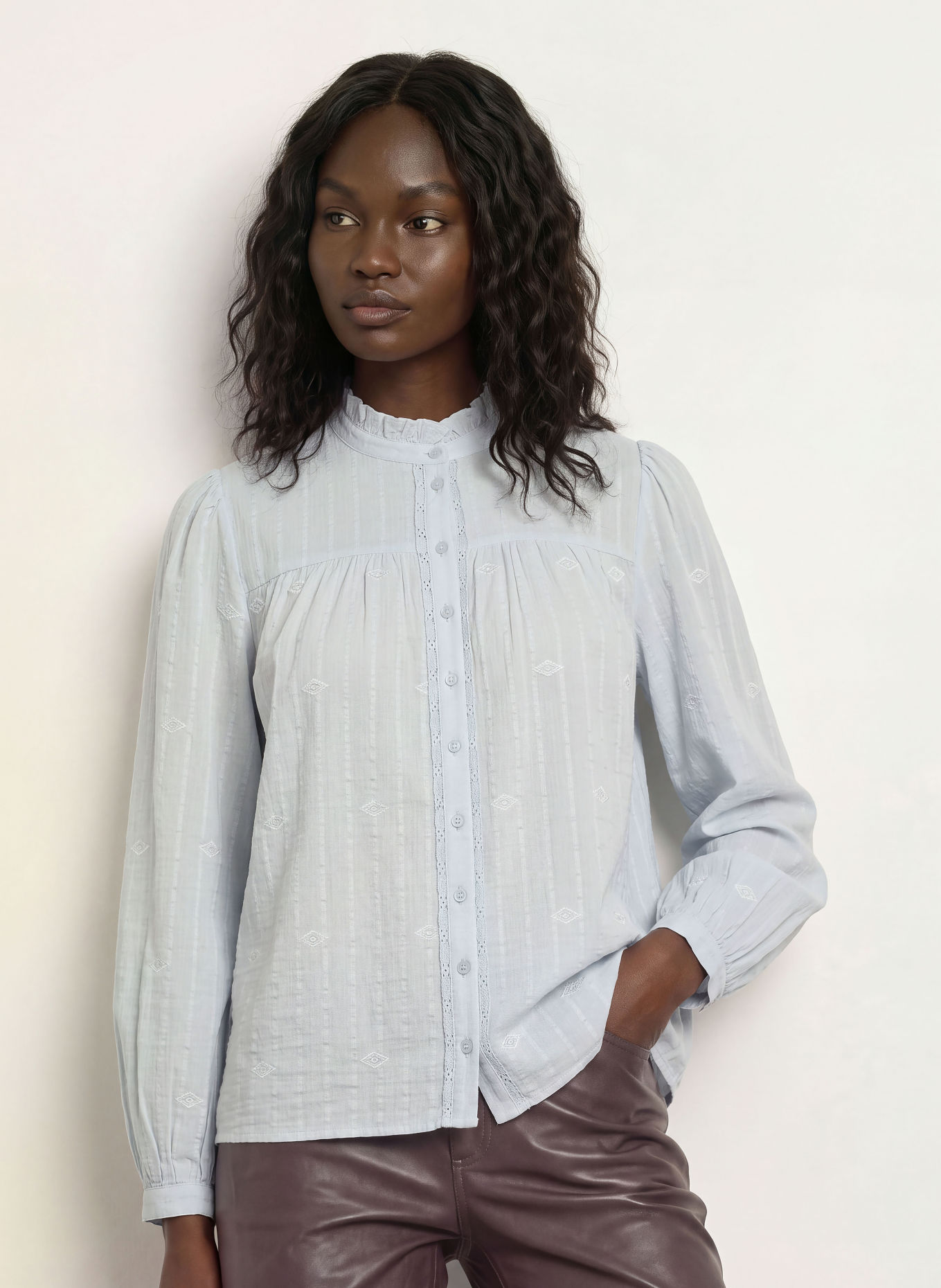 ba&sh MELODY Blouse with Lace: BLUE GRAY