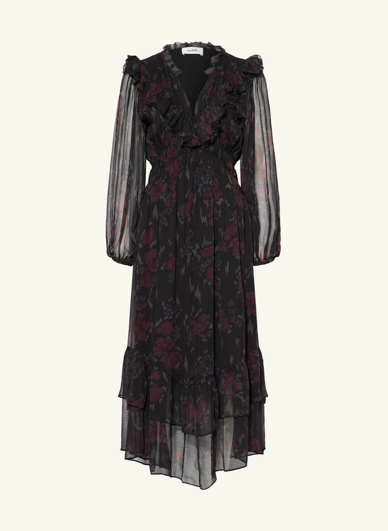 ba&sh Kleid DOVA mit Rüschen: SCHWARZ / DUNKELROT / GRÜN