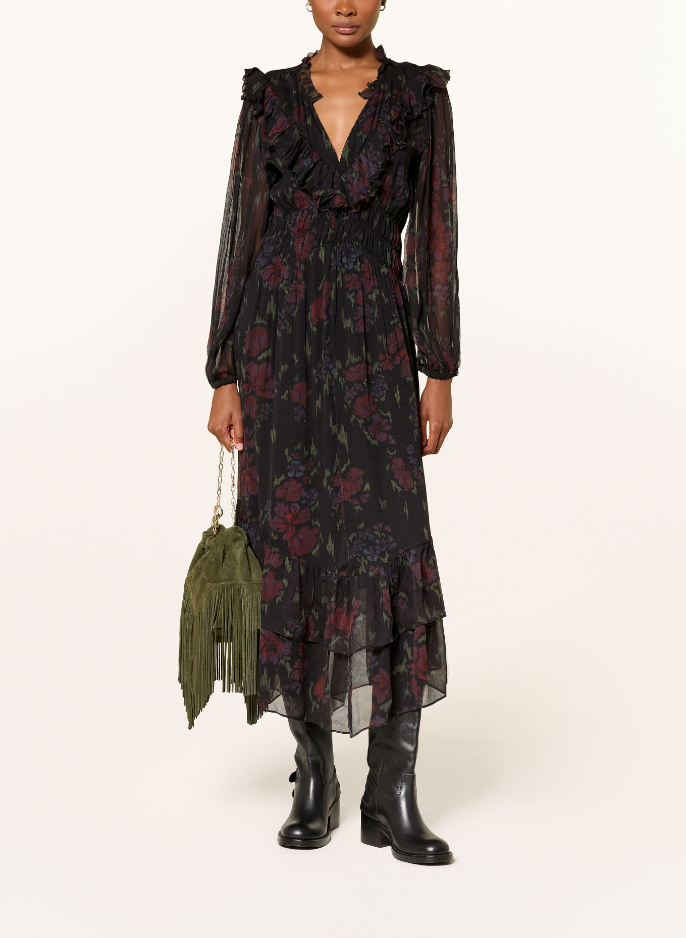 ba&sh Kleid DOVA mit Rüschen: SCHWARZ / DUNKELROT / GRÜN